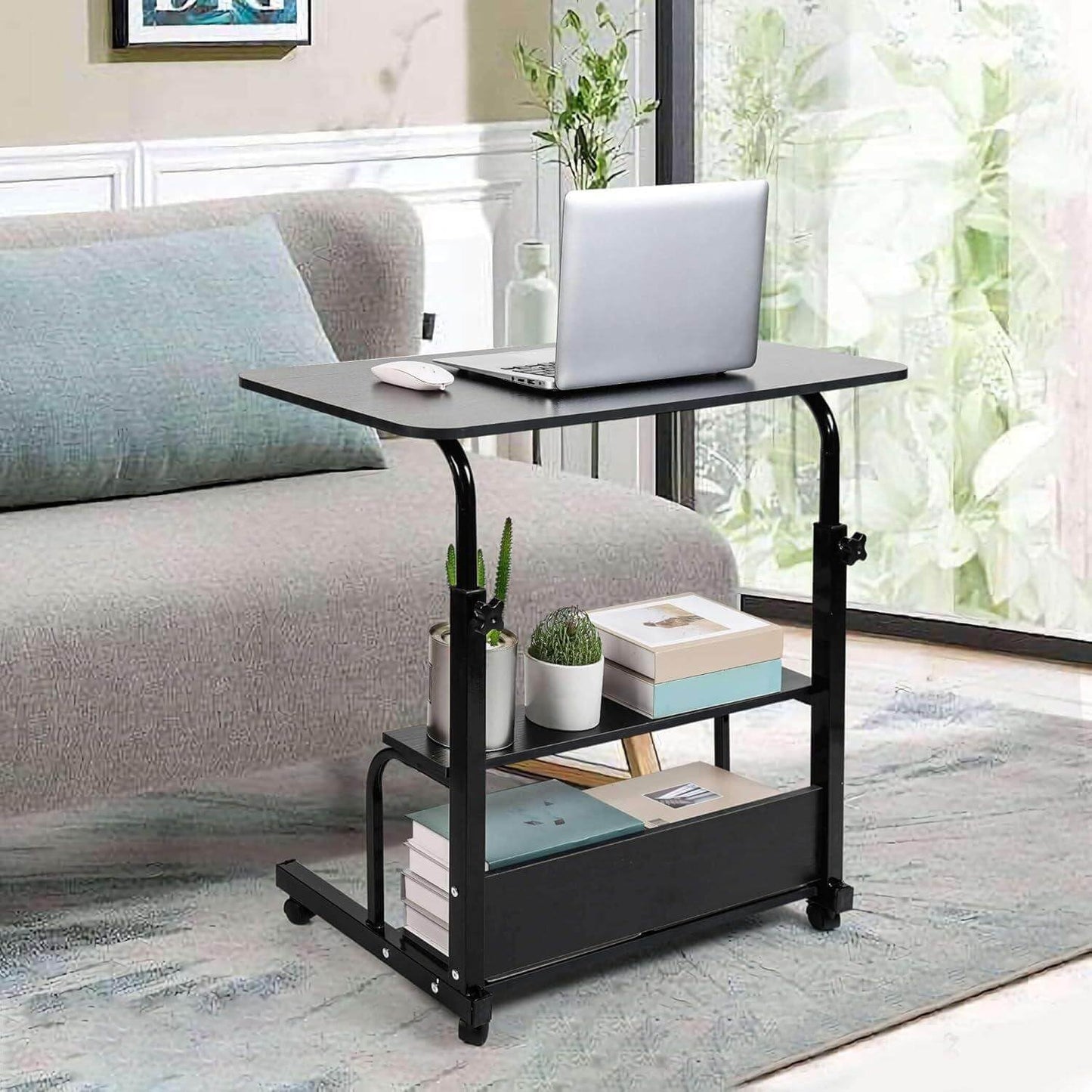 Dekhaoxe Adjustable Height Mobile Computer Desk for Small Space Rolling Writing with Wheels Corner Home Office Study Portable Bedrooms Work Desk Standing Desk Sizes 31.5X15.7 Inches Black C