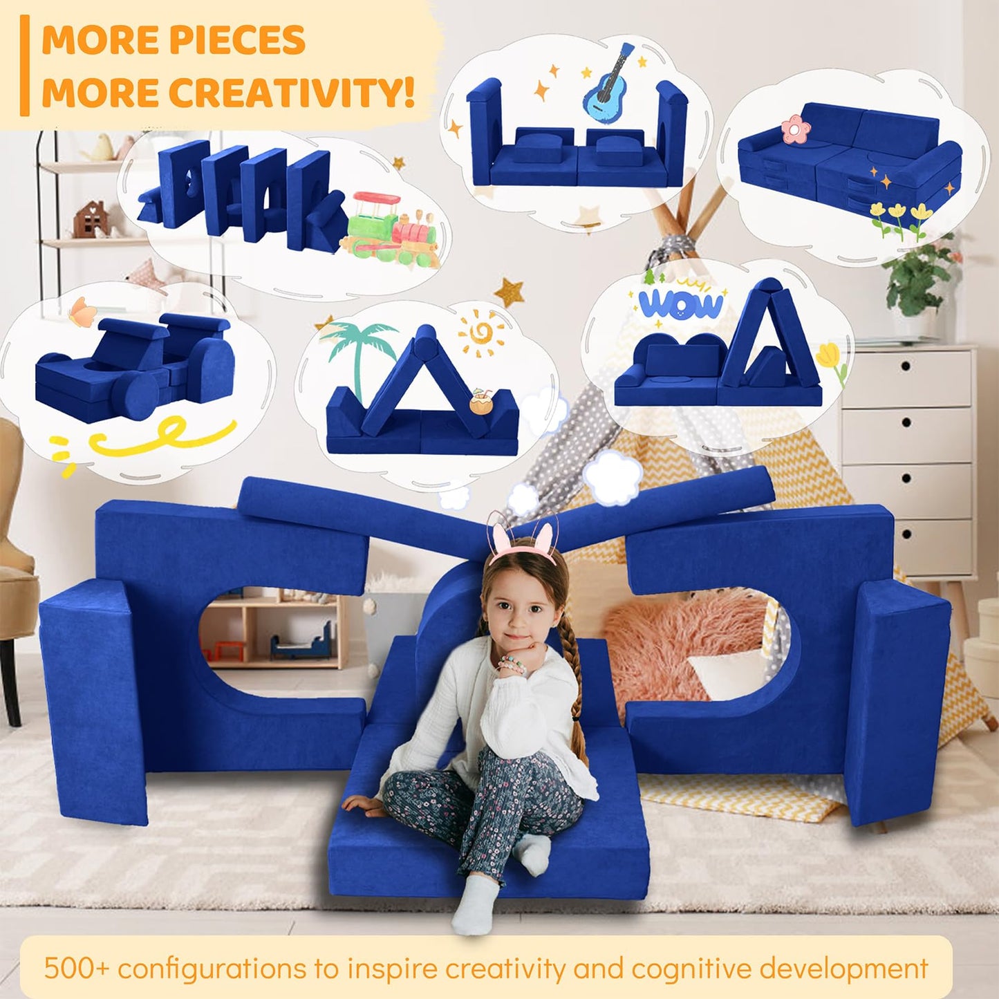 Winhomish 12 Pcs Modular Kids Play Couch – Premium Soft Foam, Removable Cover, Comfortable & Safe Toddler Couch for Children 1-6 Years, Portable & Easy to Clean, Ideal for Living Room & Playroom, Blue