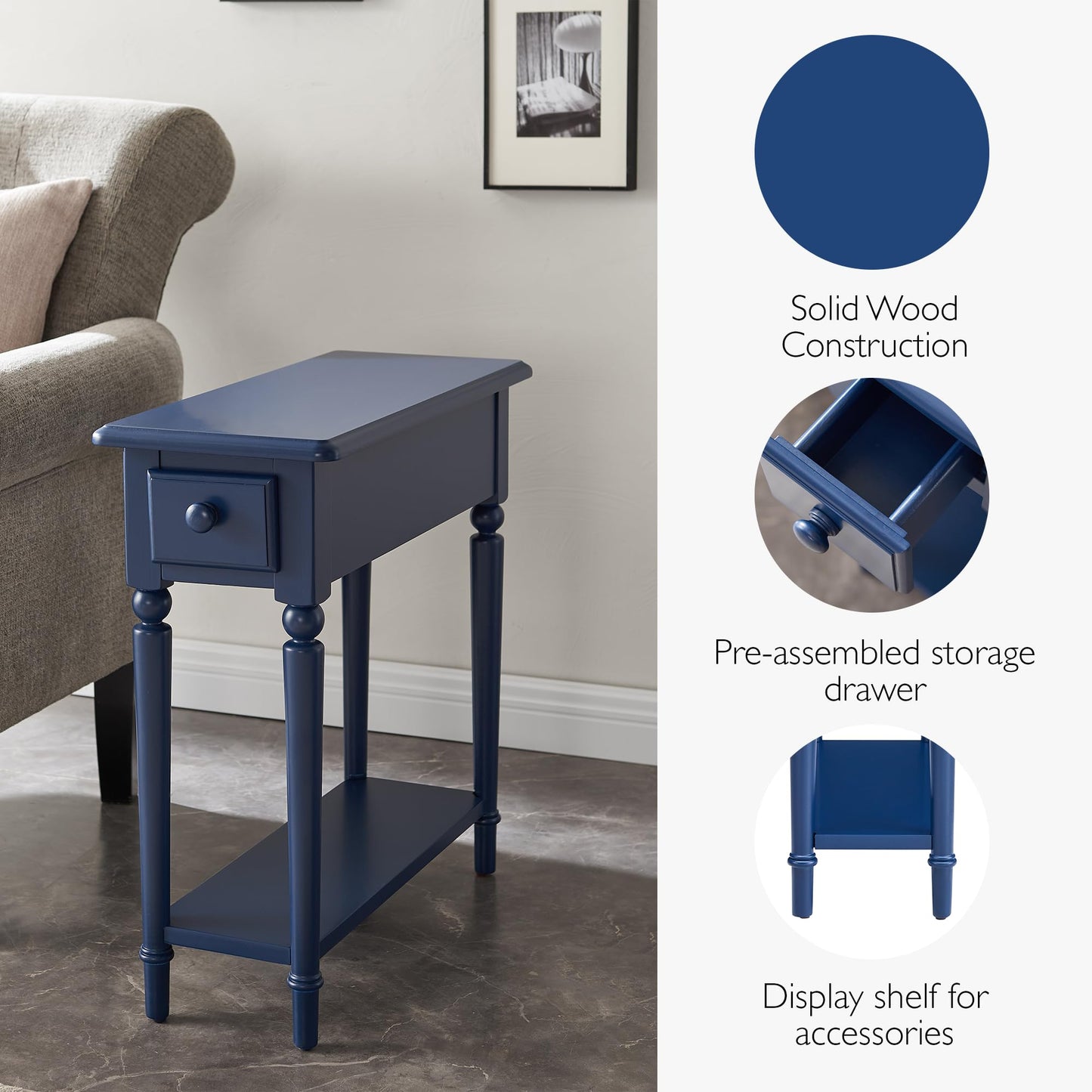 Leick Home Coastal End Table, Solid Wood, 1 Drawer, Bottom Display Shelf, Easy-Assembly, for Living Room/Bedroom, Navy, 23.5 in. L x 10.0 in. W x 24.0 in. H, 20017-NV