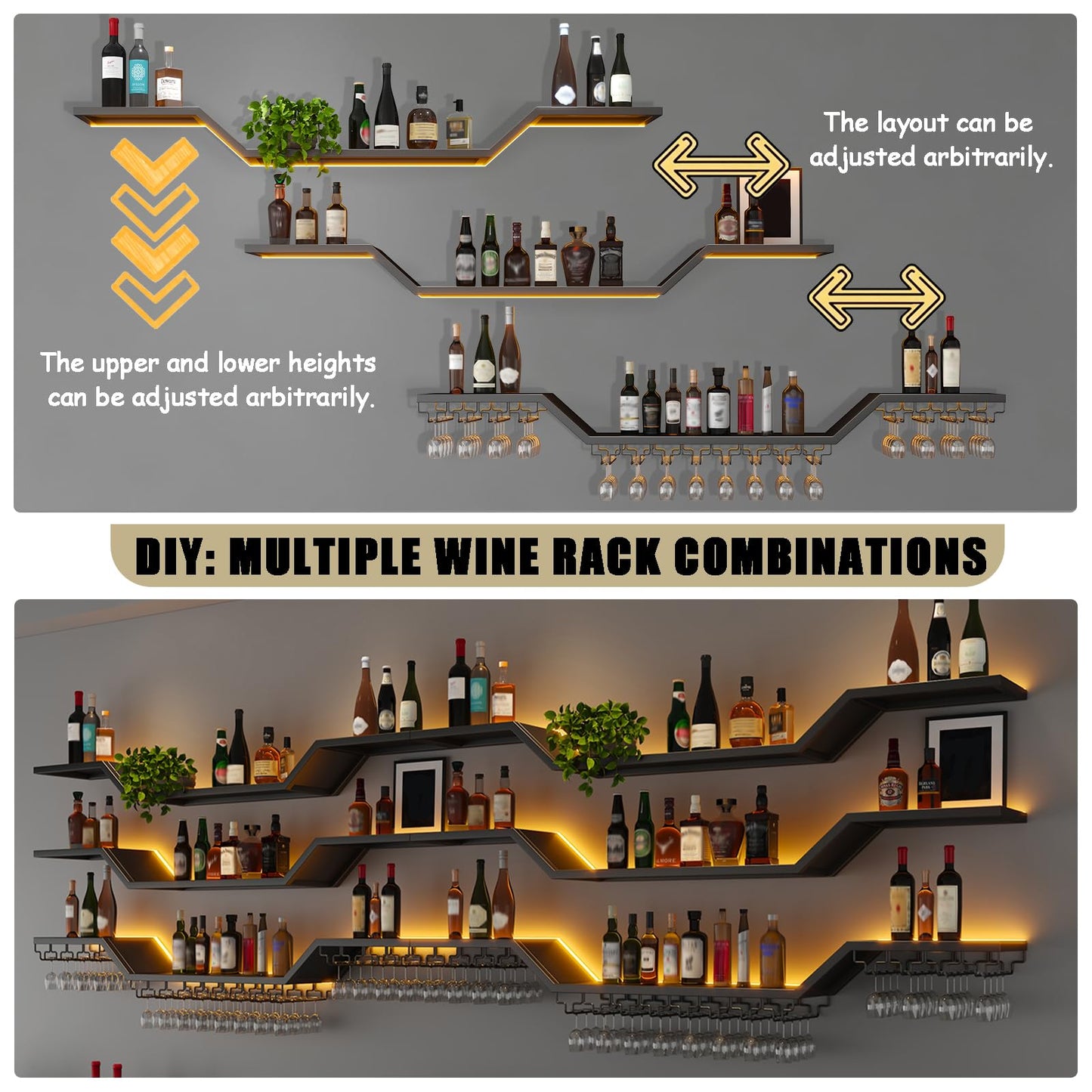31.5in Modern LED Wine Rack Wall Mounted, 3-Tier Floating Bar Shelves with Wine Glass Rack, Large Hanging Liquor Shelf Wall Mounted, for Home Bar Dining Room Cafe Decorative (Black, 31.5in/80cm)