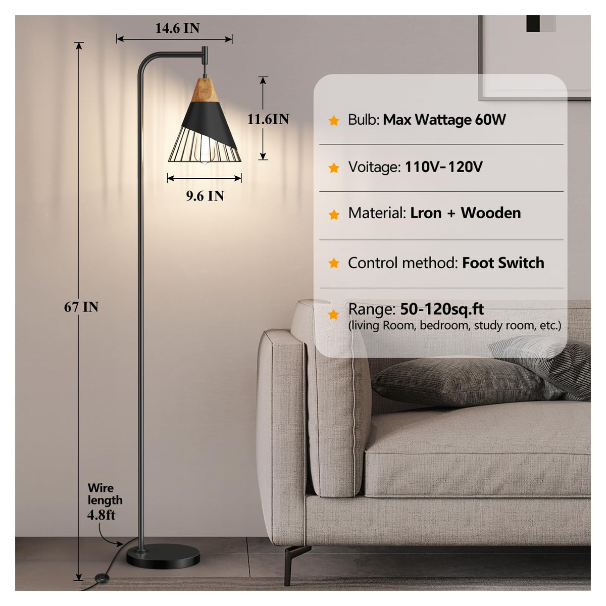 Alrryo 67" Industrial Floor Lamp with Wood & Black Metal Shade, Modern Standing Lamp, Rustic Farmhouse Tall Lamp for Living Room Bedroom Office, 2700K Bulb & Foot Switch Included (Black)