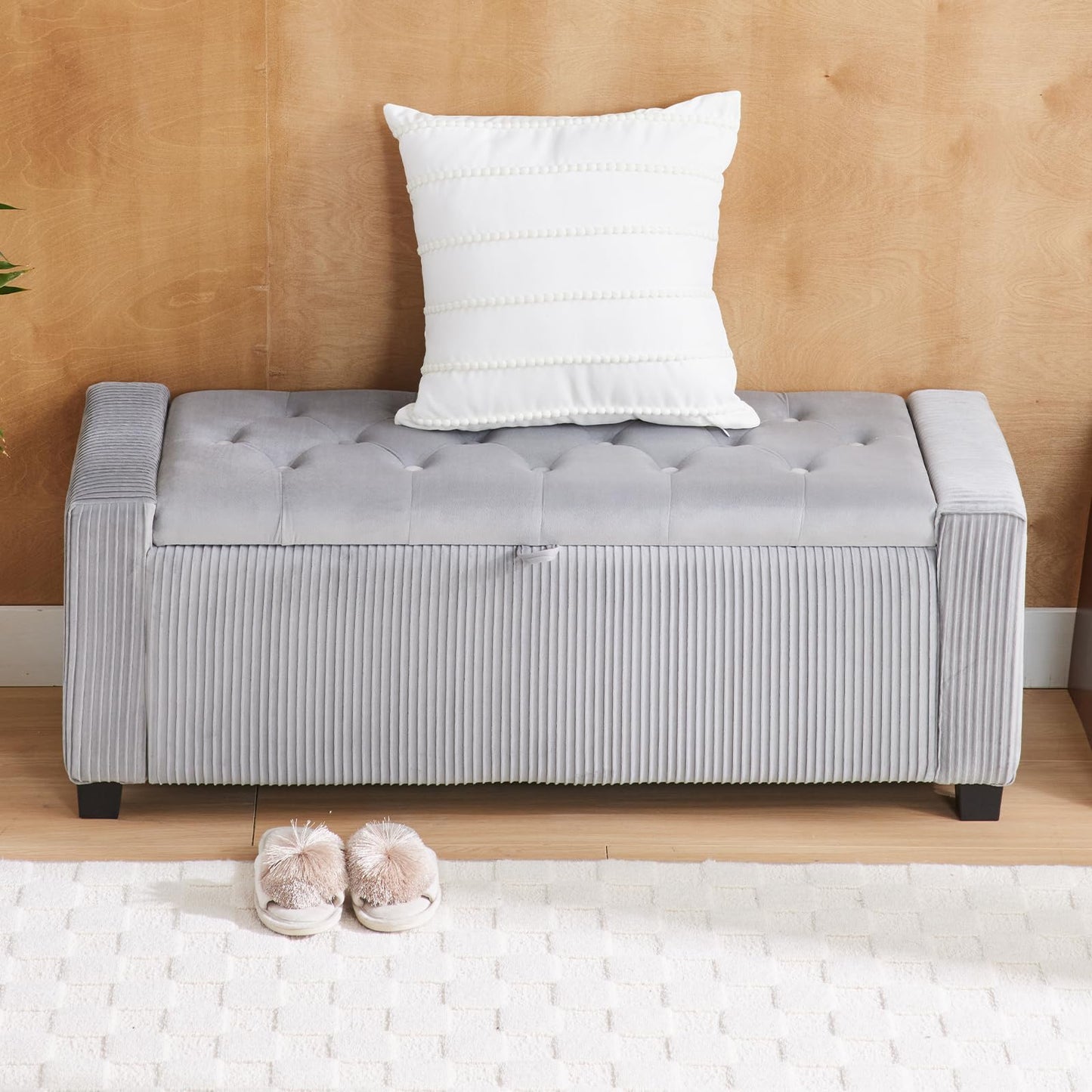 2BYF 43" Ottoman Bench with Storage for Bedroom, Comfort Upholstered End of Bed Storage Bench with Safety Hinges, Sturdy Wooden Footstool & Shoe Bench for Living Room, Entryway (Grey)