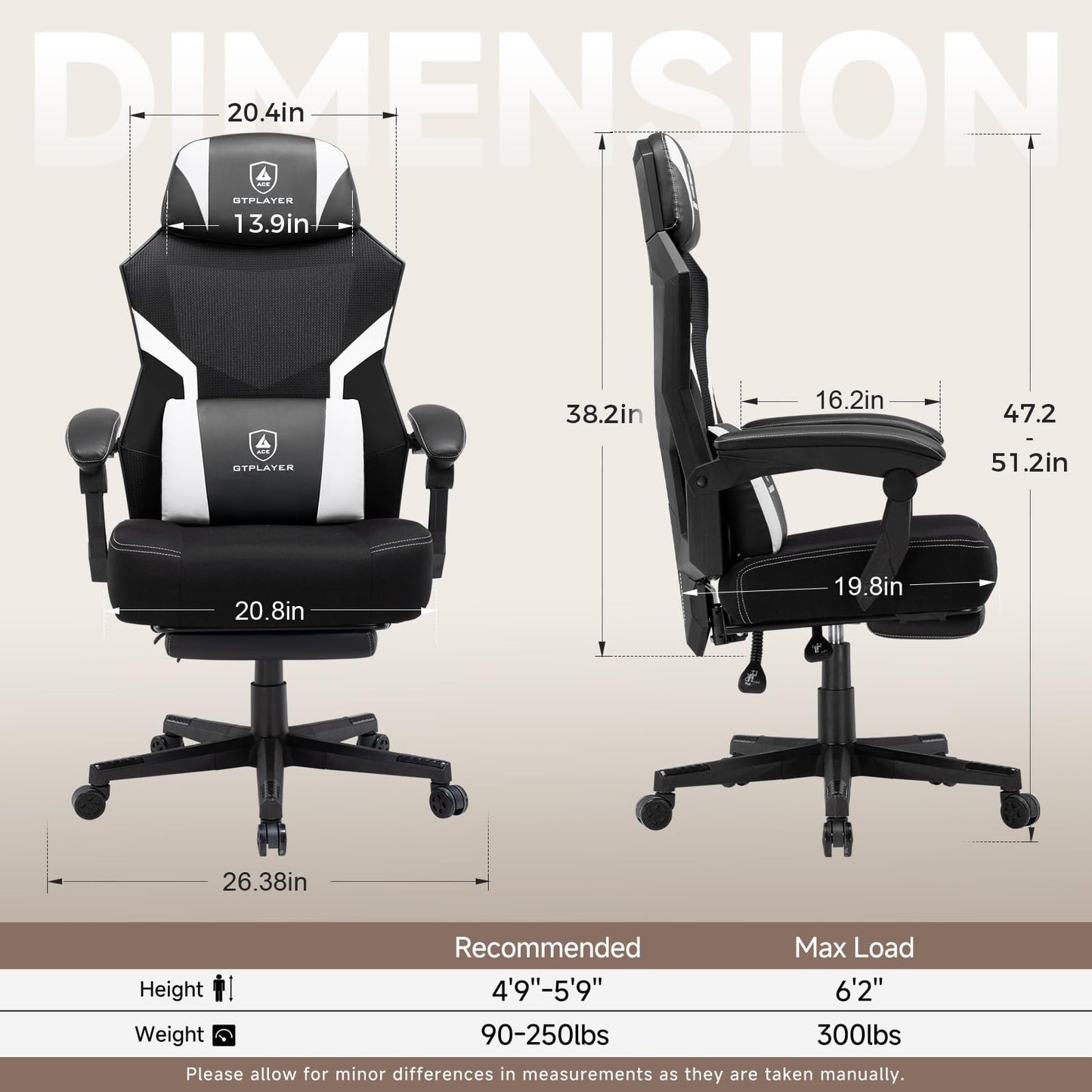 GTPLAYER Computer Chair with Adjustable Footrest, Ergonomic Gaming Chair with Headrest and Lumbar Support, Breathable Mesh Office Chair for Adults, High Back Reclining Desk Chair for Gaming and Office