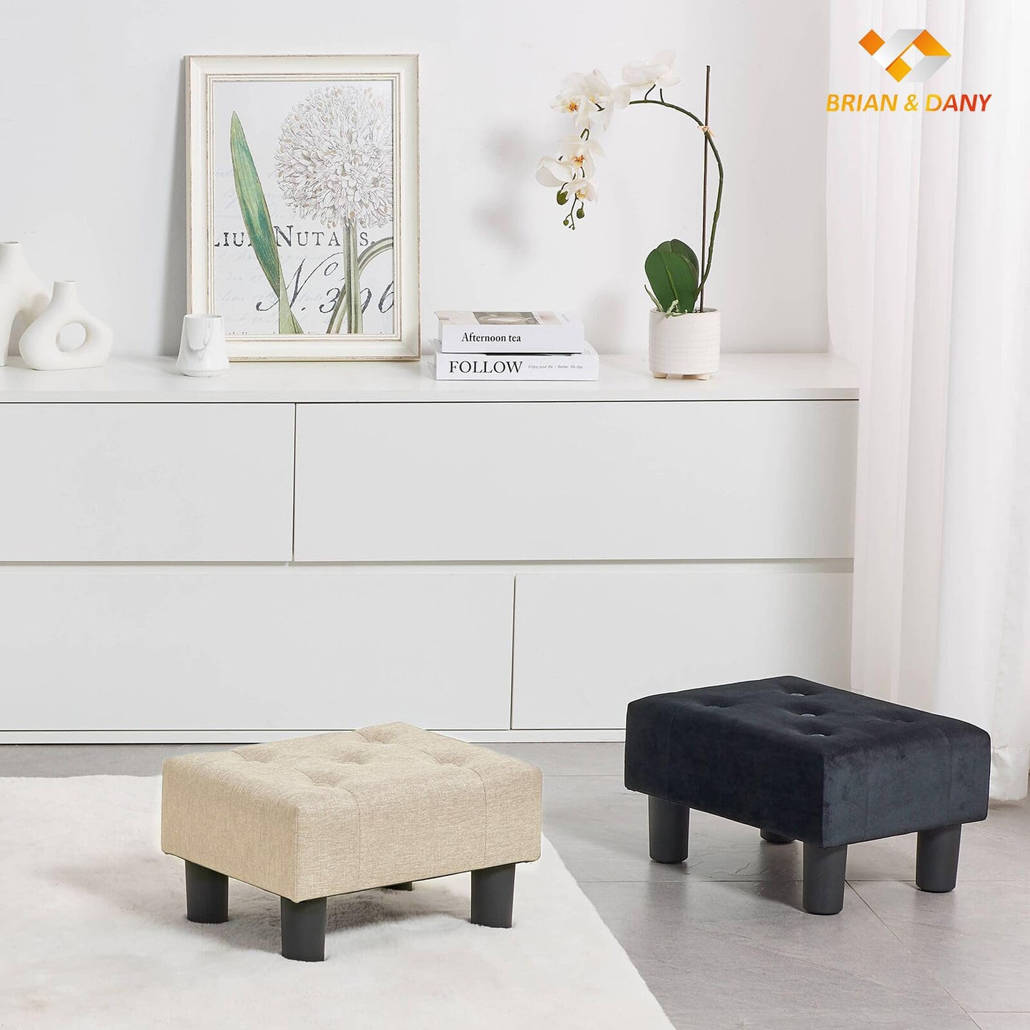 BRIAN & DANY Small Foot Stool, Linen Foot Stools with Legs, Stable Small Footstool for Living Room, Beige