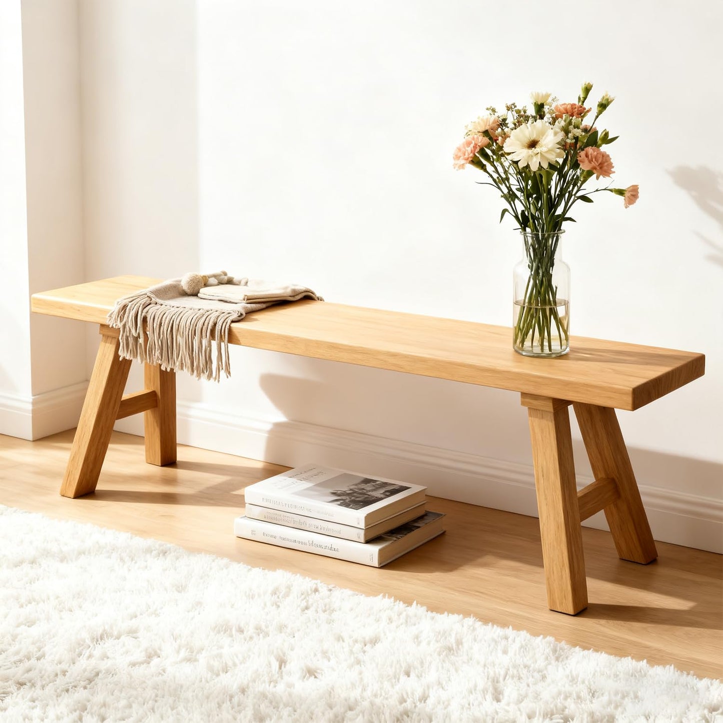 BTUASSDY Solid Wood Entryway Bench - Rustic Elm Farmhouse Dining Bench for Hallway, Bedroom, Kitchen - 2-Person Seating, Natural Wood Finish