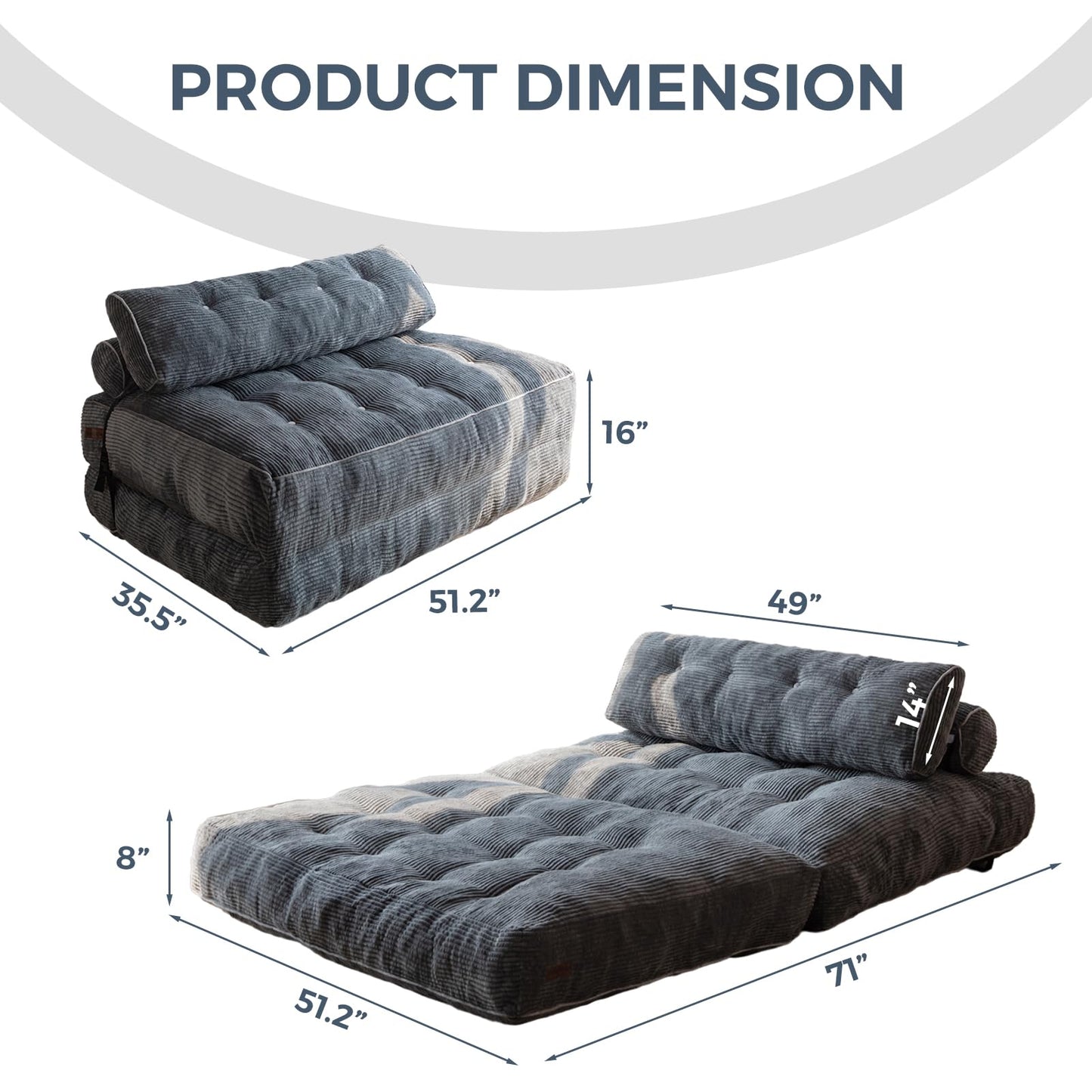 MAXYOYO Folding Sofa Bed, Convertible Chair with Pilow Foldable Couch with Back Support, Portable Fold Out Chair Bed Comfy Floor Sofa Lounge for Living Room Bedroom, Dark Grey, Double