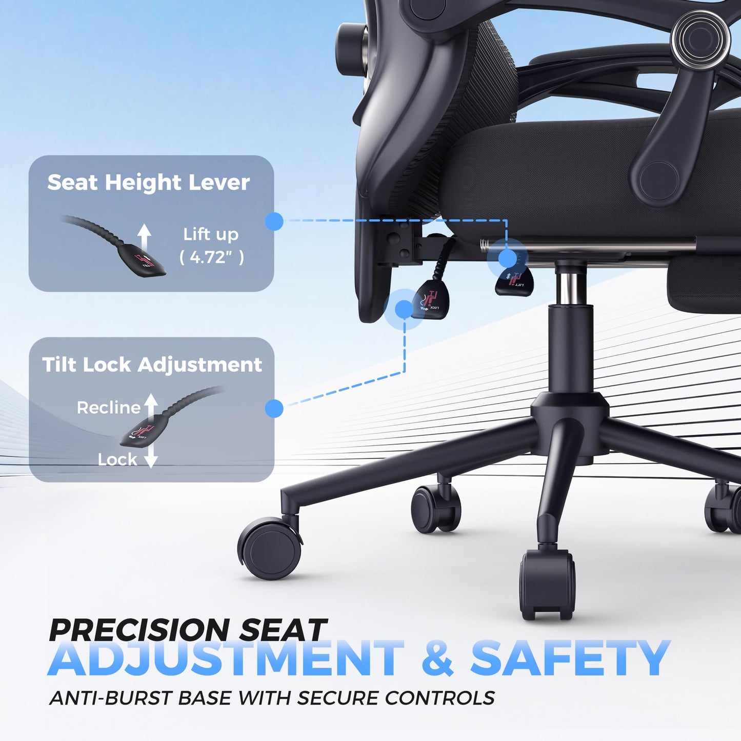 Ergonomic Office Chair - Adjustable Lumbar & Headrest, 90-160° Reclining with Footrest, Breathable Mesh Back - Home Office/Gaming Computer Chair (Modern, Black)