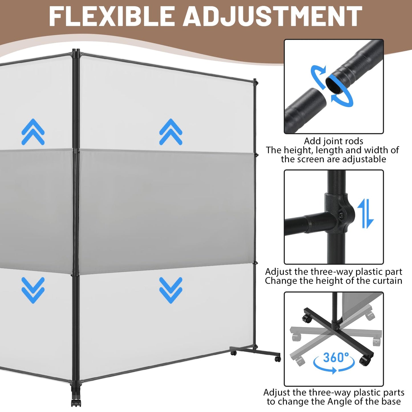 VAMFUTRE 2 Panels Room Divider/Privacy Screen with Caster Wheels and Brakes - Stylish and Versatile Partition for Home,Office,School and Restauran (Gray, 12FT*6FT)