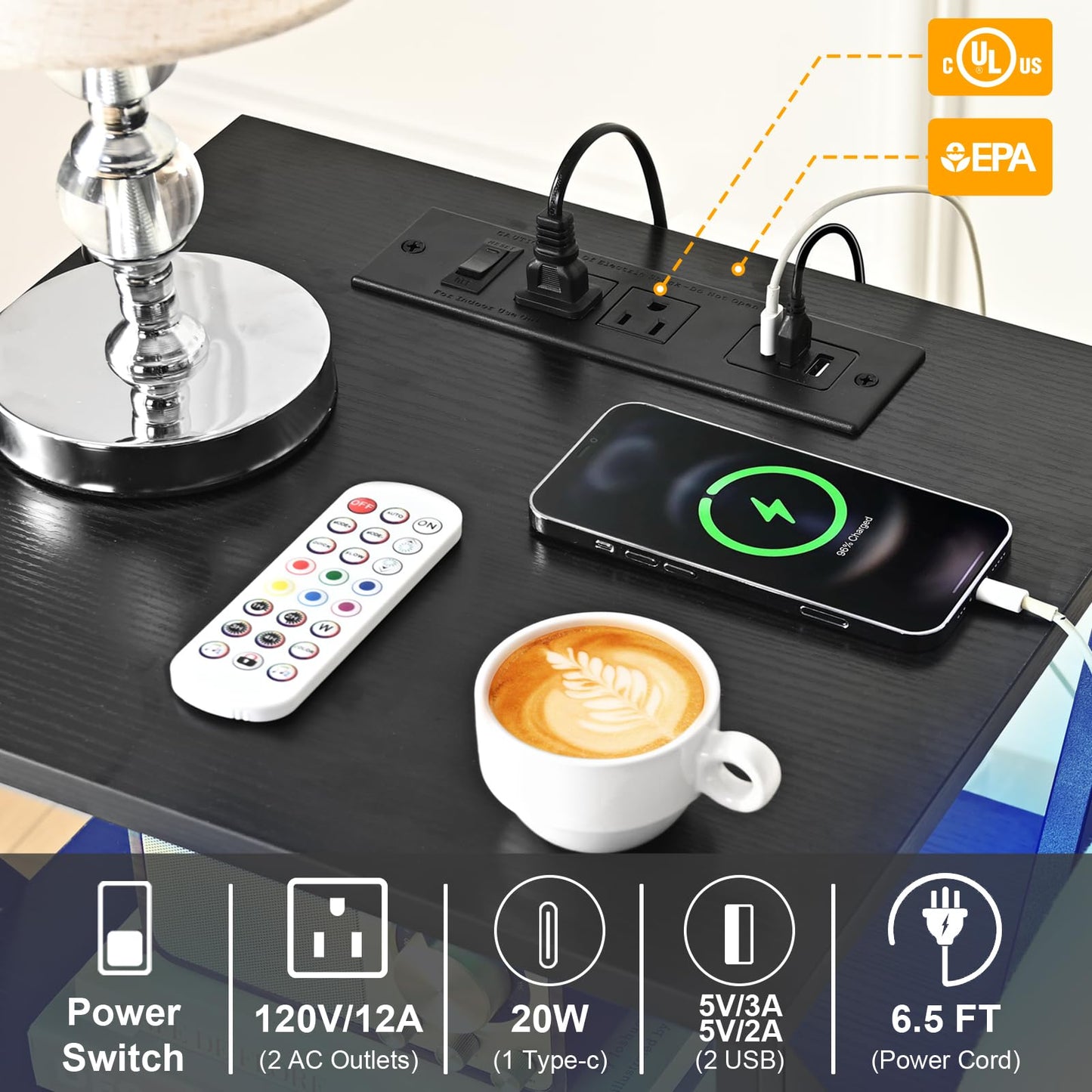 Livofloral LED Night Stand with Charging Station, Living Room Side Tables with Storage, Farmhouse End Table with Wood Drawers, Black End Table with Charging Station, Bed Side Table for Bedroom, Black