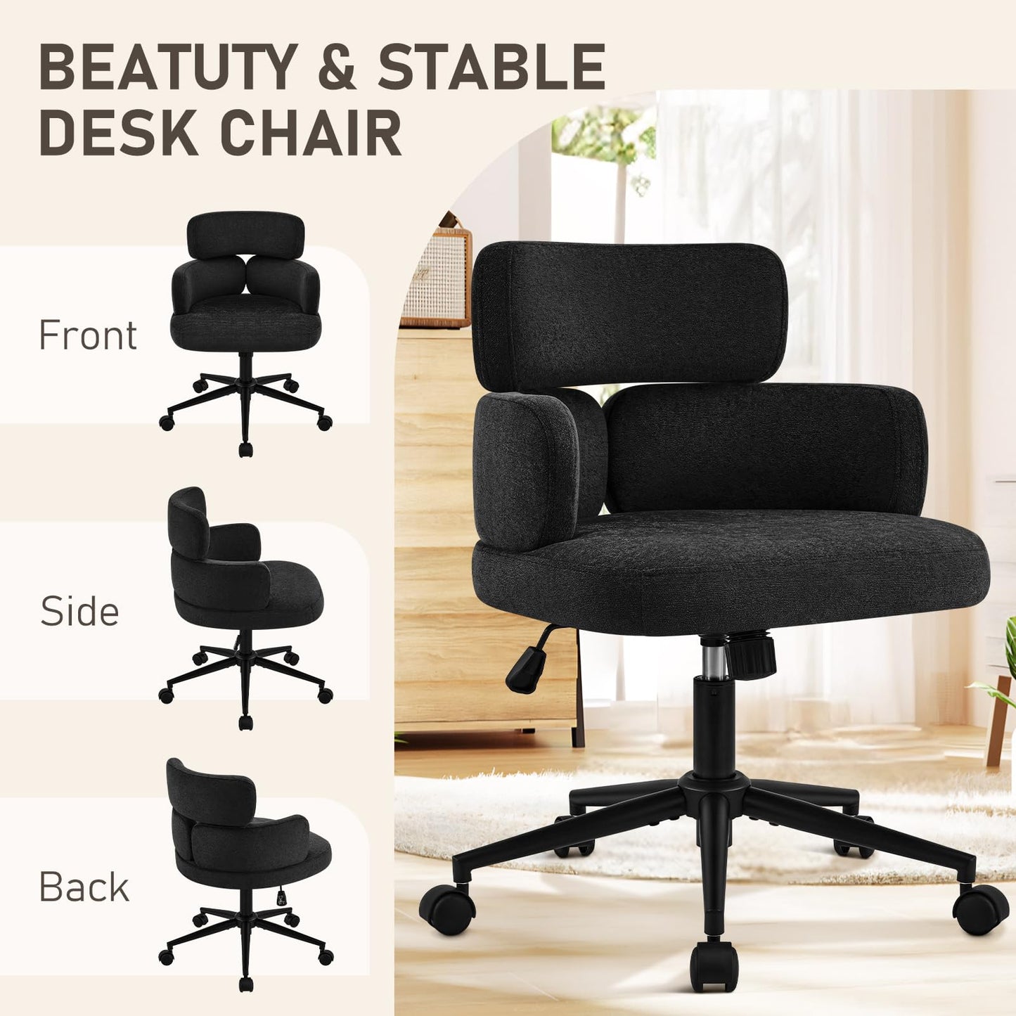 Furnistyle Modern Upholstered Office Chair with Wheels, Adjustable Height Swivel Desk Chair with Arms, Comfy Fabric Task Chair for Home Office, Bedroom, Study Room, Rolling Base,Black