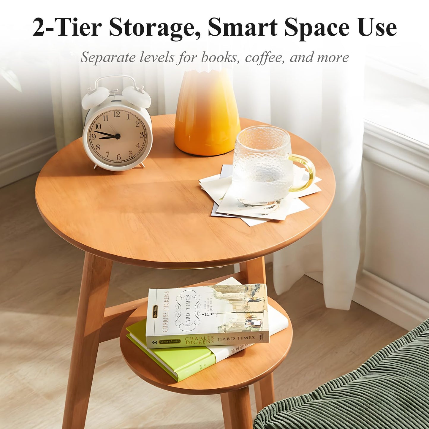 Cttasty Side Table, 2-Tier Round End Tables Living Room, Mid Century Modern Side Table, Round Nightstand, Oak Accent Table, Small Round Coffee Table, 16.54" Dia.x 23.62" H(Natural)