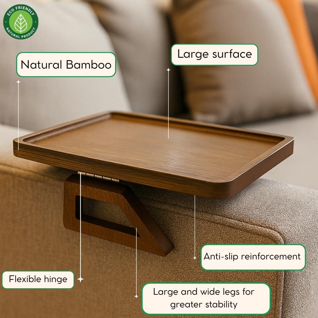 KANDOHAUS Sofa Table Tray - Bamboo Couch Armrest Table Universal Fit - Sofa Table With Non-Slip Pads to Keep Things in Place -13 x 9.5 Inch – Armrest tray table for couch – (Brown)