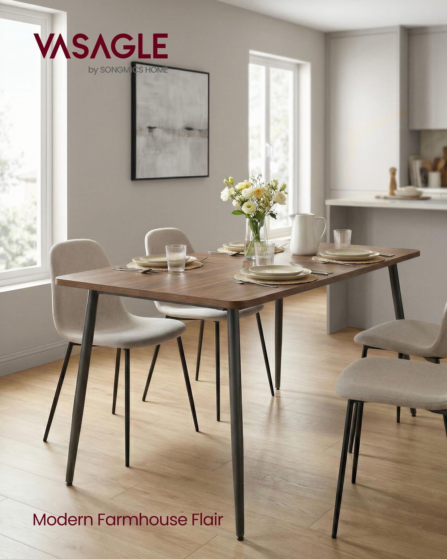 VASAGLE 55.1" Dining Table for 4-6 People, Modern Kitchen Table, Heat-Resistant Tabletop, Quick Assembly, for Dining Room, Natural Walnut and Ink Black, Island Collection UKDT100K02V2