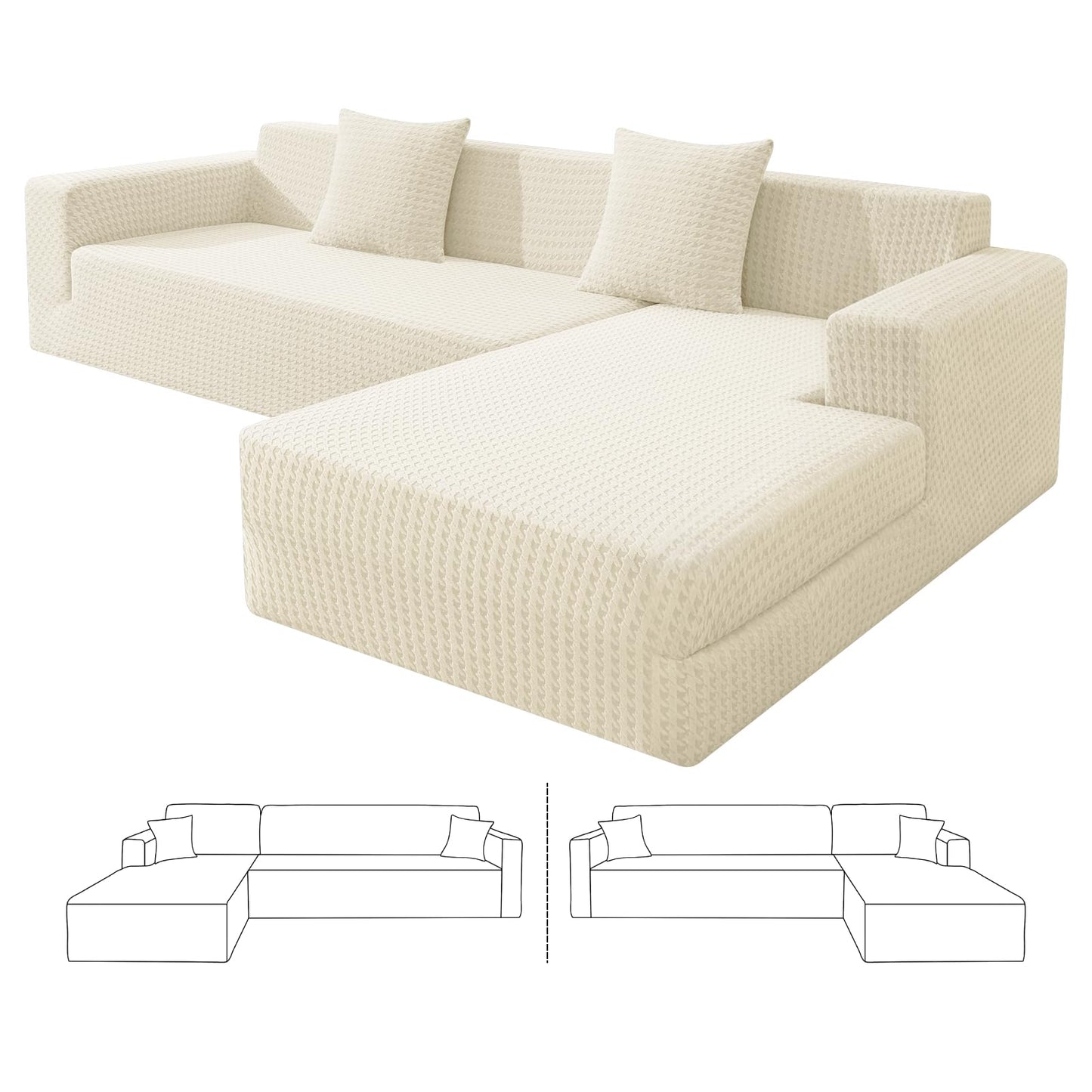 ZNSAYOTX Stretch Sectional Couch Covers New-Houndstooth Texture, Thick Slipcovers with Elastic Bottom for L Shape Sectional Sofa, 2 Pcs Pet Friendly Universal Protector (Sofa or Chaise), Beige
