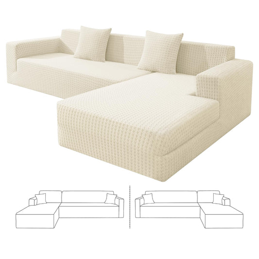 ZNSAYOTX Stretch Sectional Couch Covers New-Houndstooth Texture, Thick Slipcovers with Elastic Bottom for L Shape Sectional Sofa, 2 Pcs Pet Friendly Universal Protector (Sofa or Chaise), Beige