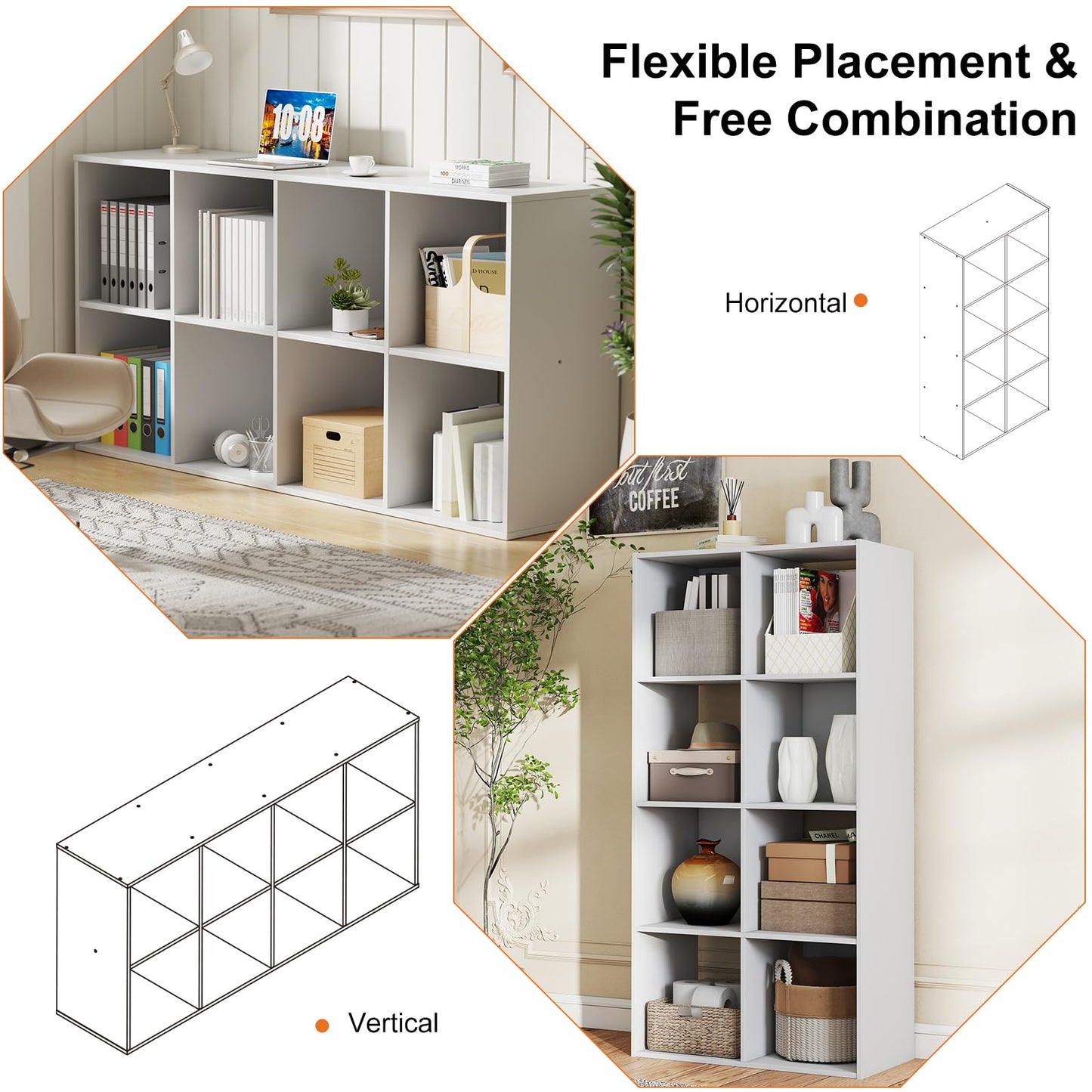 Sweetcrispy 8 Cube Storage Organizer - Open Cube Bookshelf with 4 Removable Back Panels, Display Storage Bookcase for Living Room, Bedroom, Entrance Hall, Home Office，47.7" Lx11.6 Wx24 H, White