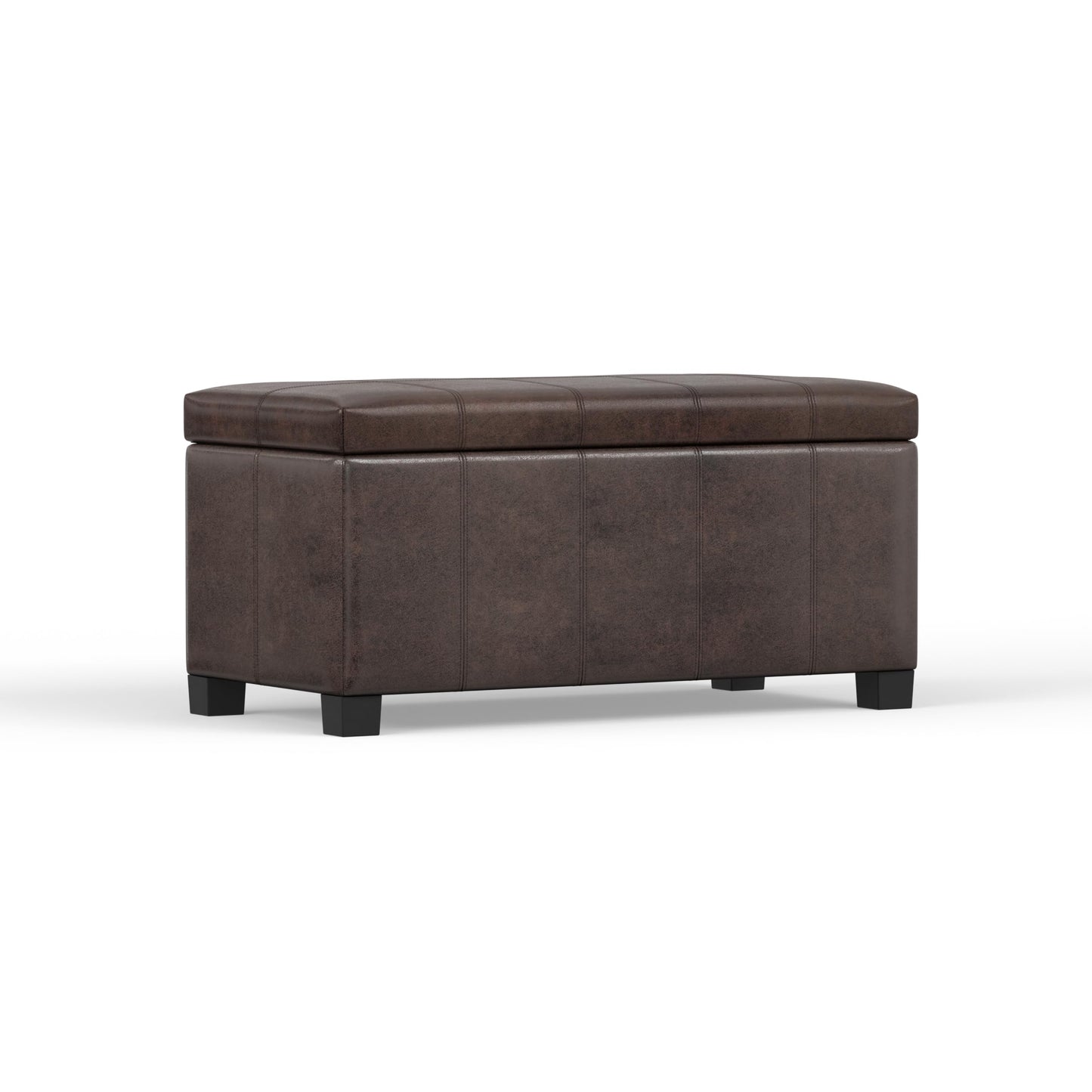 SIMPLIHOME Dover Storage Ottoman Bench - 36 inch Wide Upholstered Vegan Leather Rectangular Lift-Top Ottoman in Distressed Brown, Contemporary Bench for Living Room with Safety Hinges