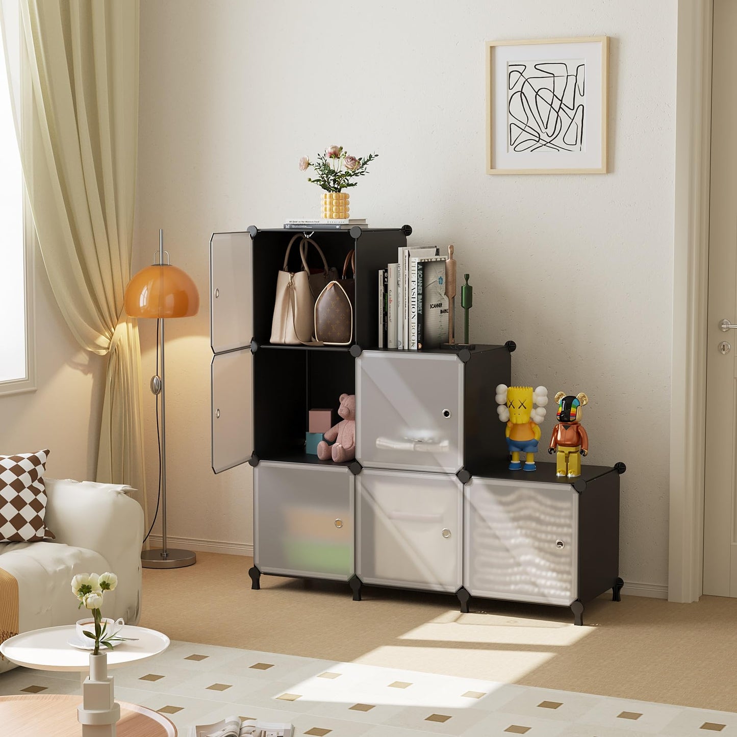 ATTDETJL Cube Storage Organizer, 6 Cube Shelves Unit with Doors,DIY Stackable Plastic Clothes Organizer for Bedroom and Under Stairs Storage Unit, 30 x 30 x 30 x 30 cm Grey ATTSL6004 (6, Black)