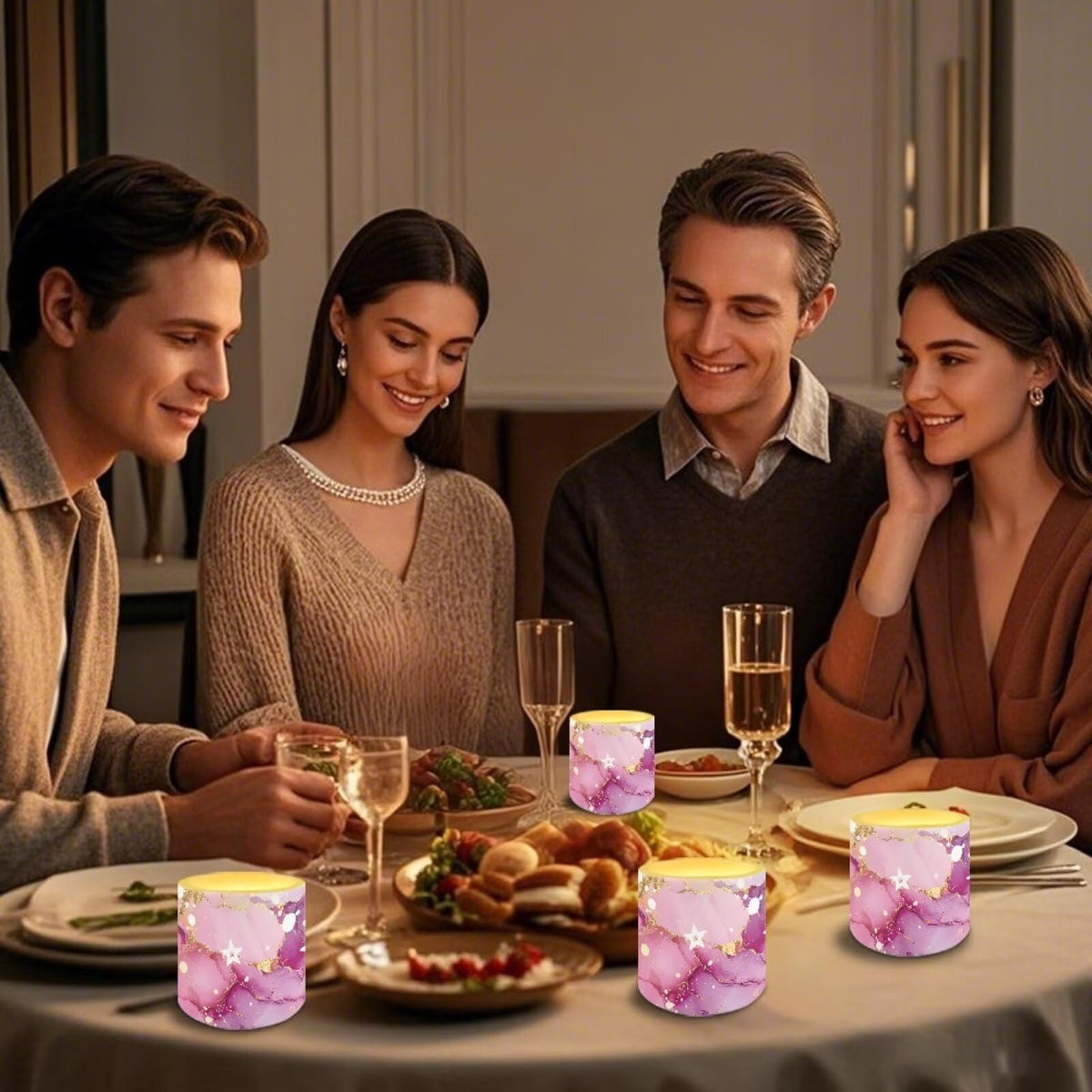 Cozeyat Floral Marble LED Candles Set of 4 Battery Powered Flameless with Remote Timer Flickering Flame Waterproof for Home Beach Garden Decor