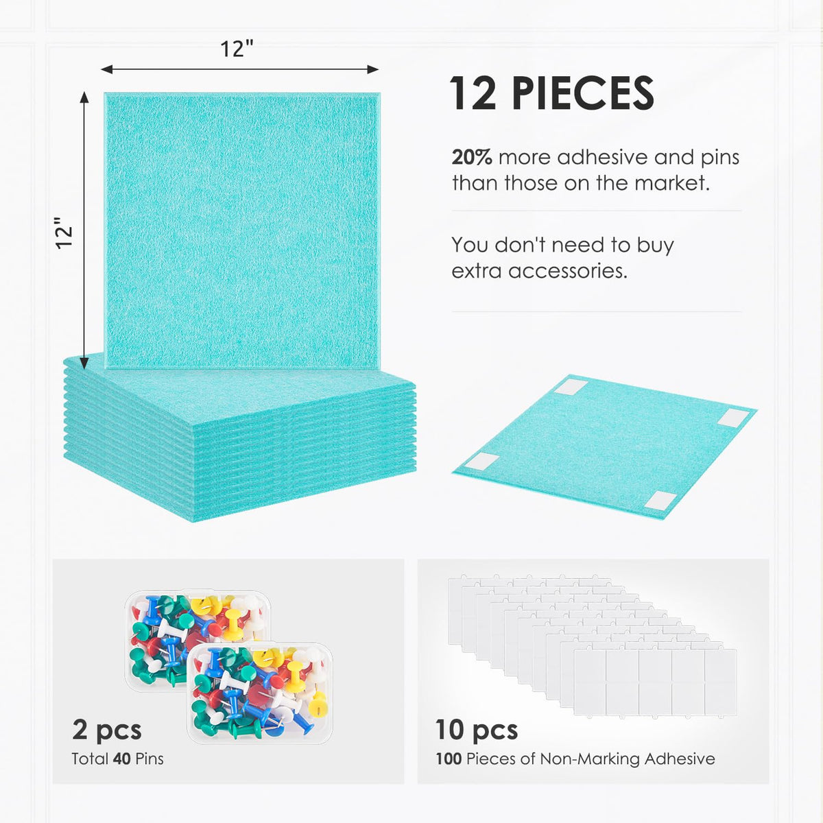 Large Cork Board for Walls 48"x36" |Cork Board Alternative| 12 Pack Felt Wall Tiles| Baby Blue Bulletin Board with Removable Adhesive | Cork Boards Pinboard for Office Home Classroom，Baby Blue