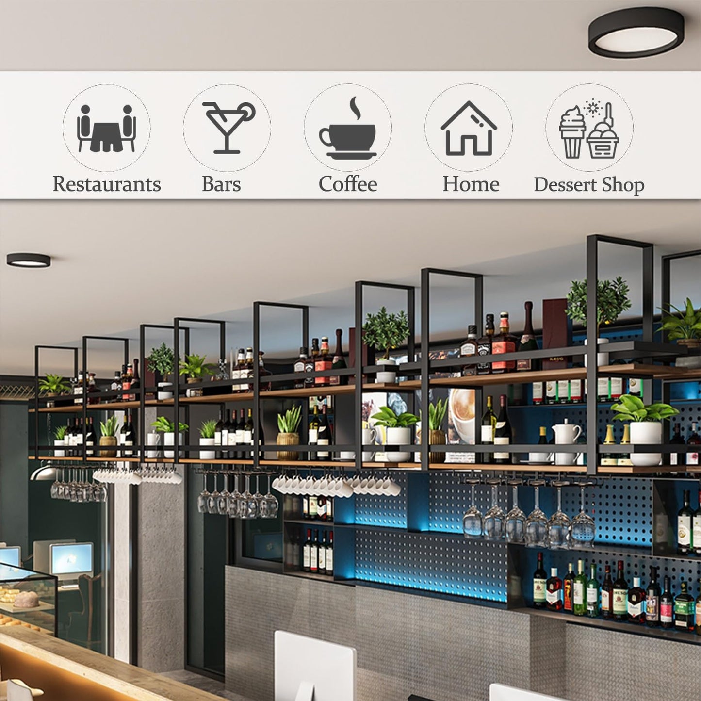 GFRWKCEX Ceiling Shelves Hanging Wine Racks Upside Down Wine Glass Holder Plant Flower Pot Stand Metal Organizer Shelves for Bar Cafe Restaurant(80x30x80cm)
