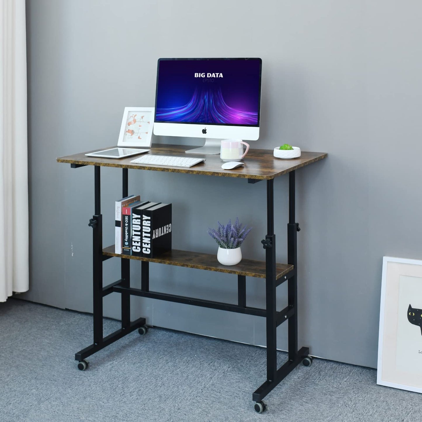 AIZ Mobile Standing Desk, Adjustable Computer Desk Rolling Laptop Cart on Wheels Home Office Computer Workstation, Portable Laptop Stand Tall Table for Standing or Sitting, 39.4" x 23.6"