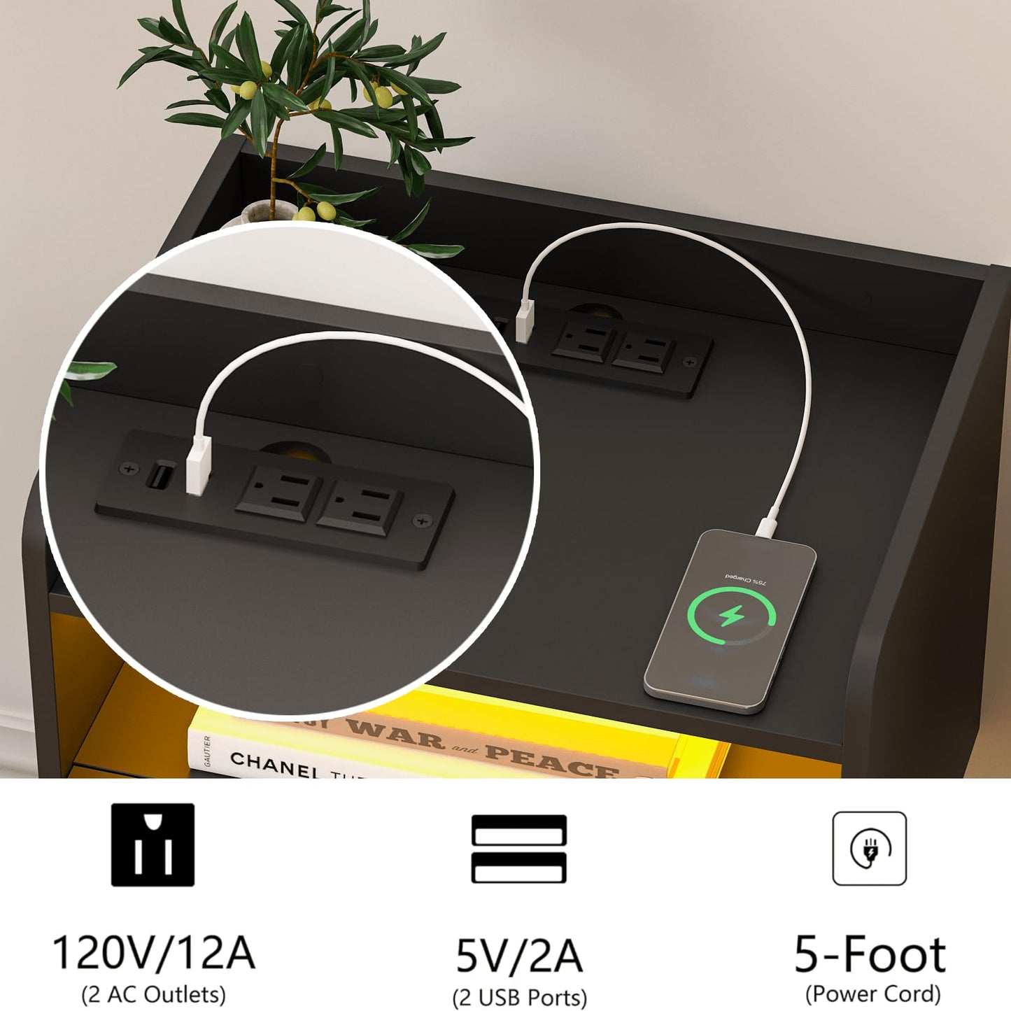 Veegle White Floating Nightstand with Charging Station and LED Lights (Black)