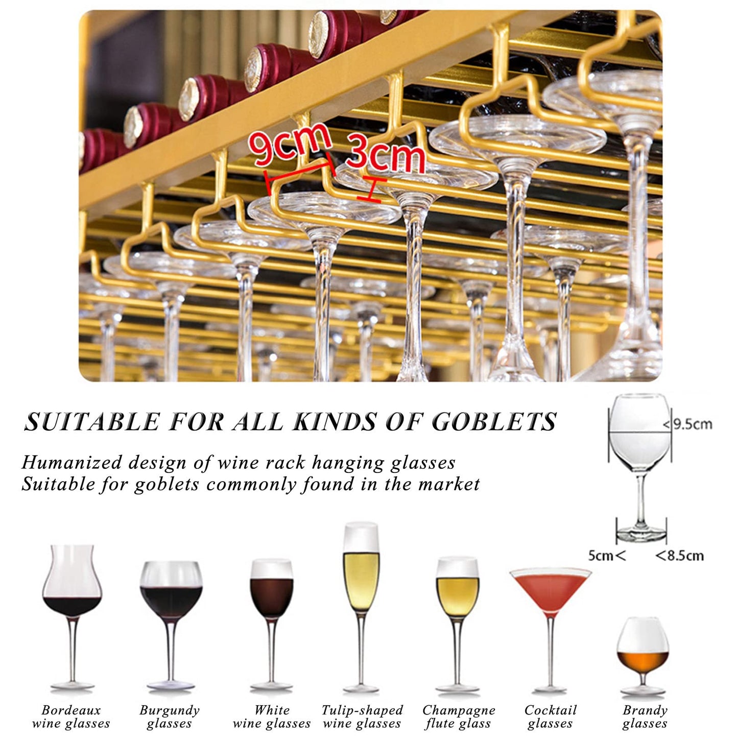Wine Rack Wine Shelf Hanging - Height Adjustable Hanging Ceiling Wine Bottle Holder with Glass Holder Ceiling Shelf for Bar Cafe Kitchen - Gold