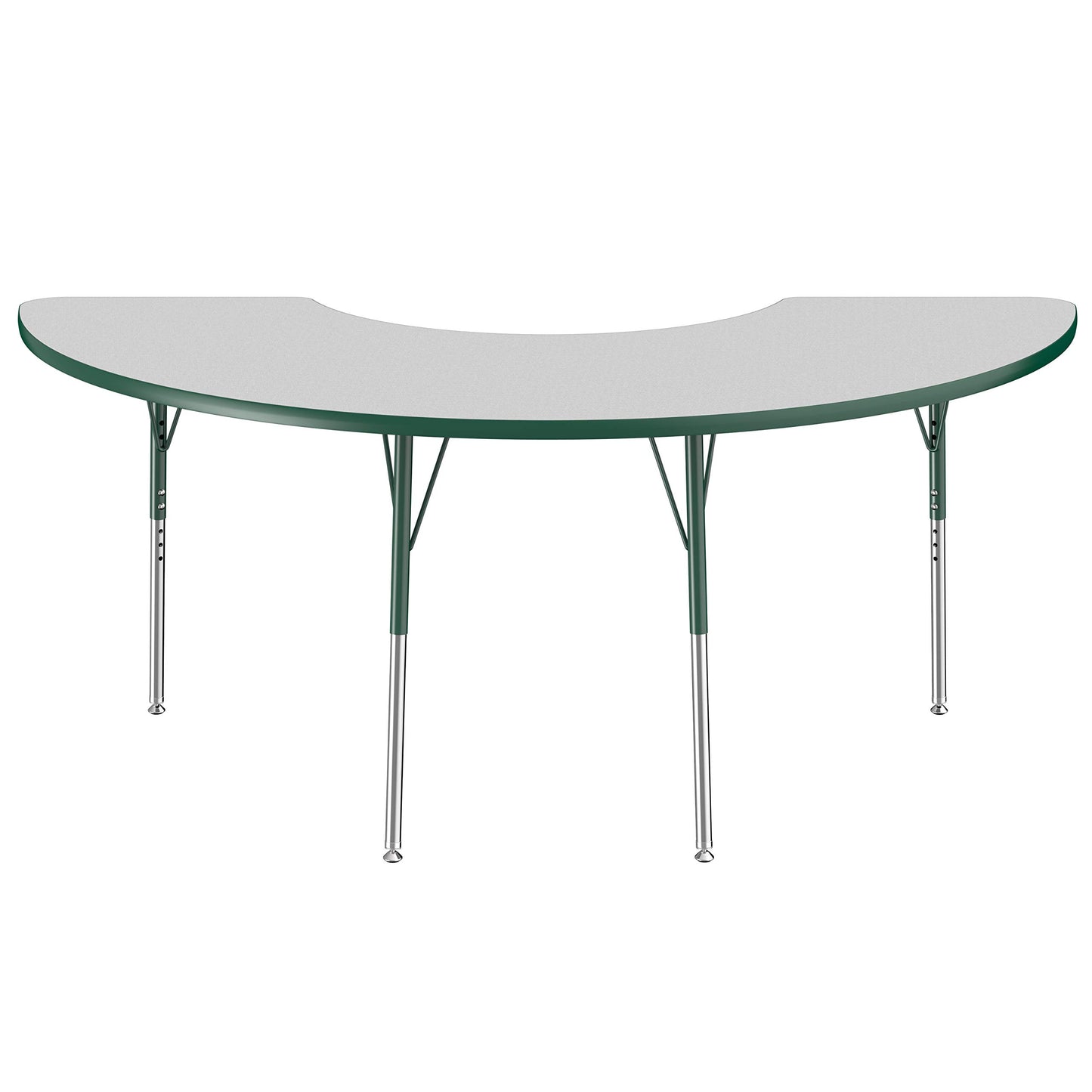 FDP Half Moon Activity School and Office Table (36 x 72 inch), Standard Legs with Swivel Glides for Collaborative Seating Environments, Adjustable Height 19-30 inches - Gray Top and Green Edge