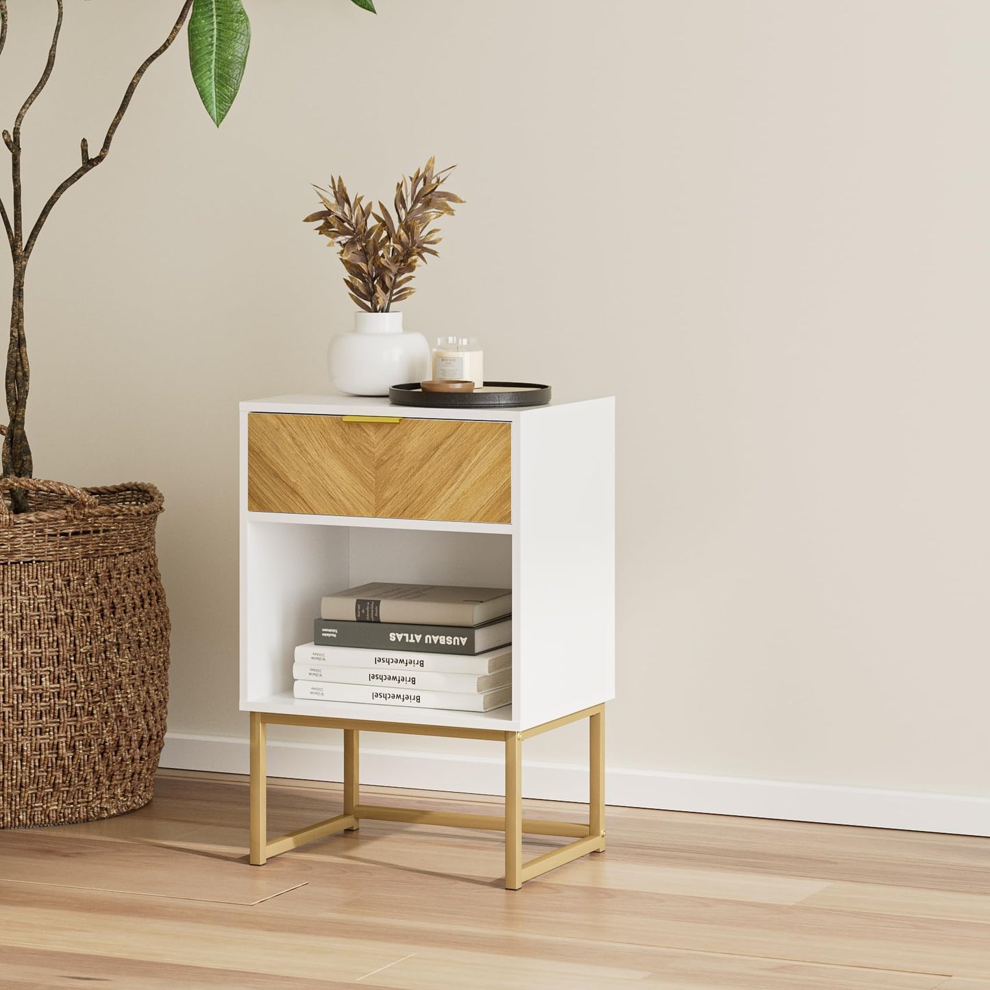 Masupu Night Stand,Bed Side Table Modern Nightstand Boho Wood with Storage Drawer Side End Table for Bedroom,Living Room,Office,White