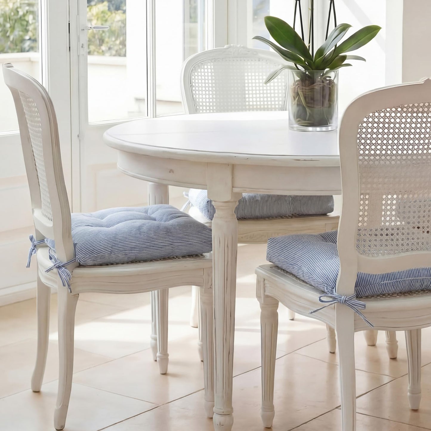 Geetery Blue and White 4 Pack Ticking Stripe Chair Cushions with Ties, 16"x15" Reversible Indoor Chair Pads for Dining Chairs, Soft Kitchen Seat Cushions for Home Office Living Room