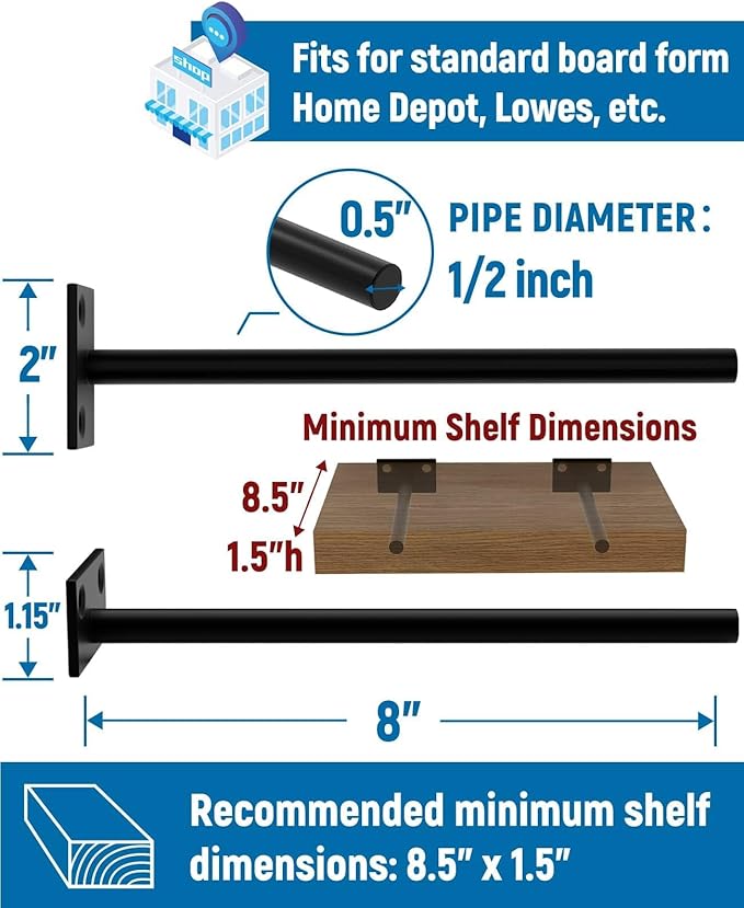 LEOPO Black 4-Pack 8 inch Floating Shelf Brackets, Hidden Shelf Bracket