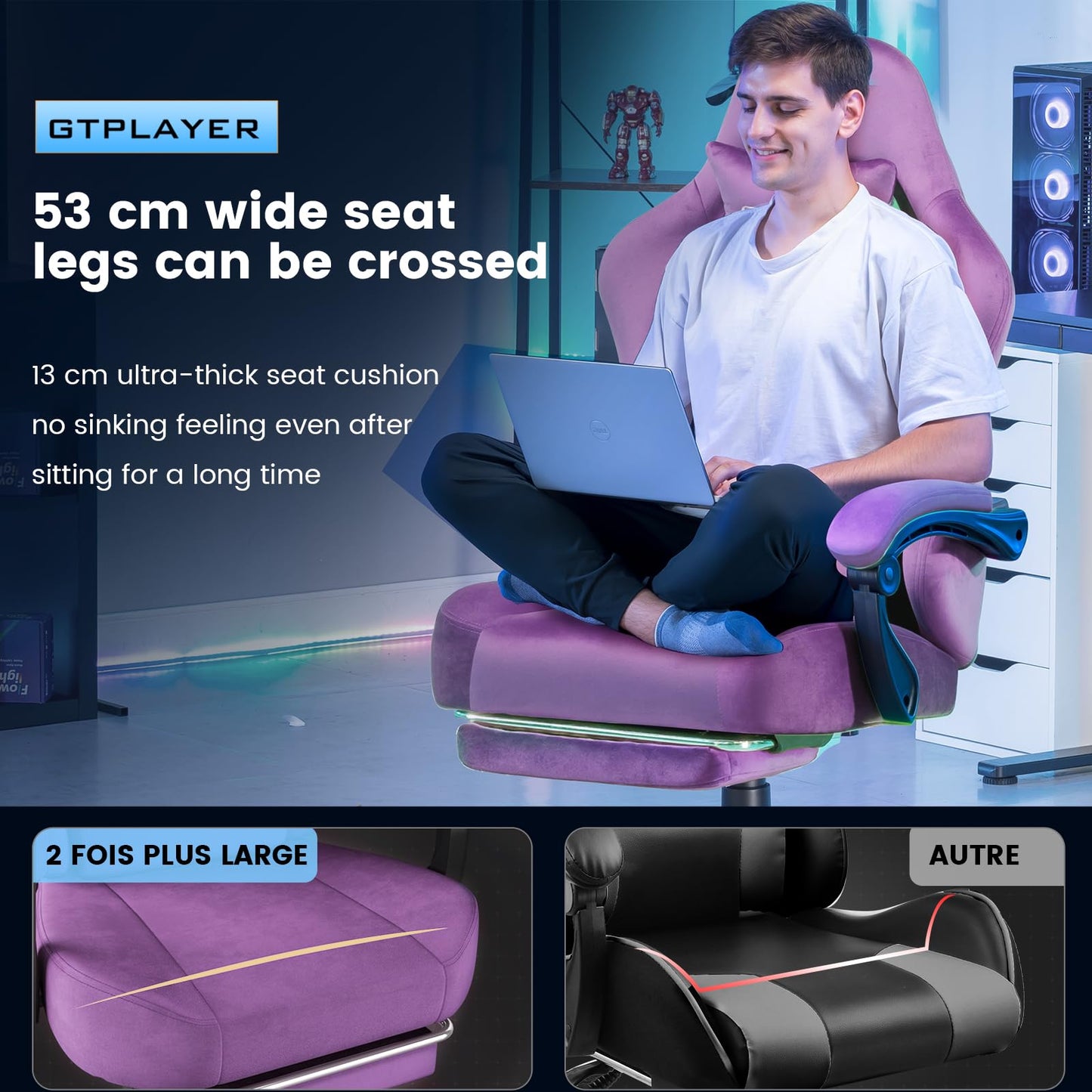 GTPLAYER Gaming Chair Fabric with Pocket Spring Cushion, High Back Ergonomic Computer Chair with Footrest for Adults Lumbar Support Swivel Game Chair for Office Gaming 350LBS, Light Purple