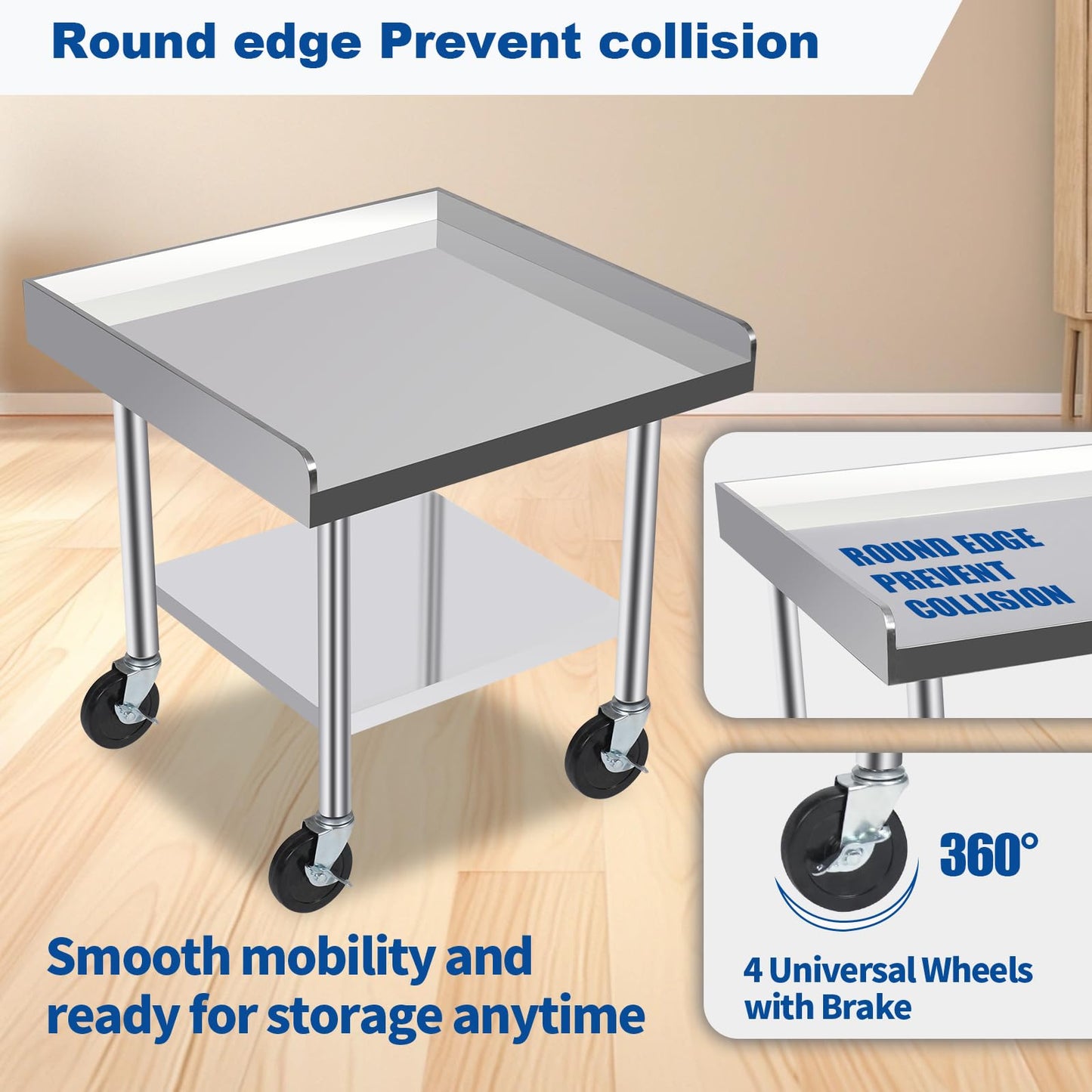 KUGEIGO Commercial-Grade Stainless Steel Workstation Table with Under Shelf & Lockable Casters (24"x24"x24")