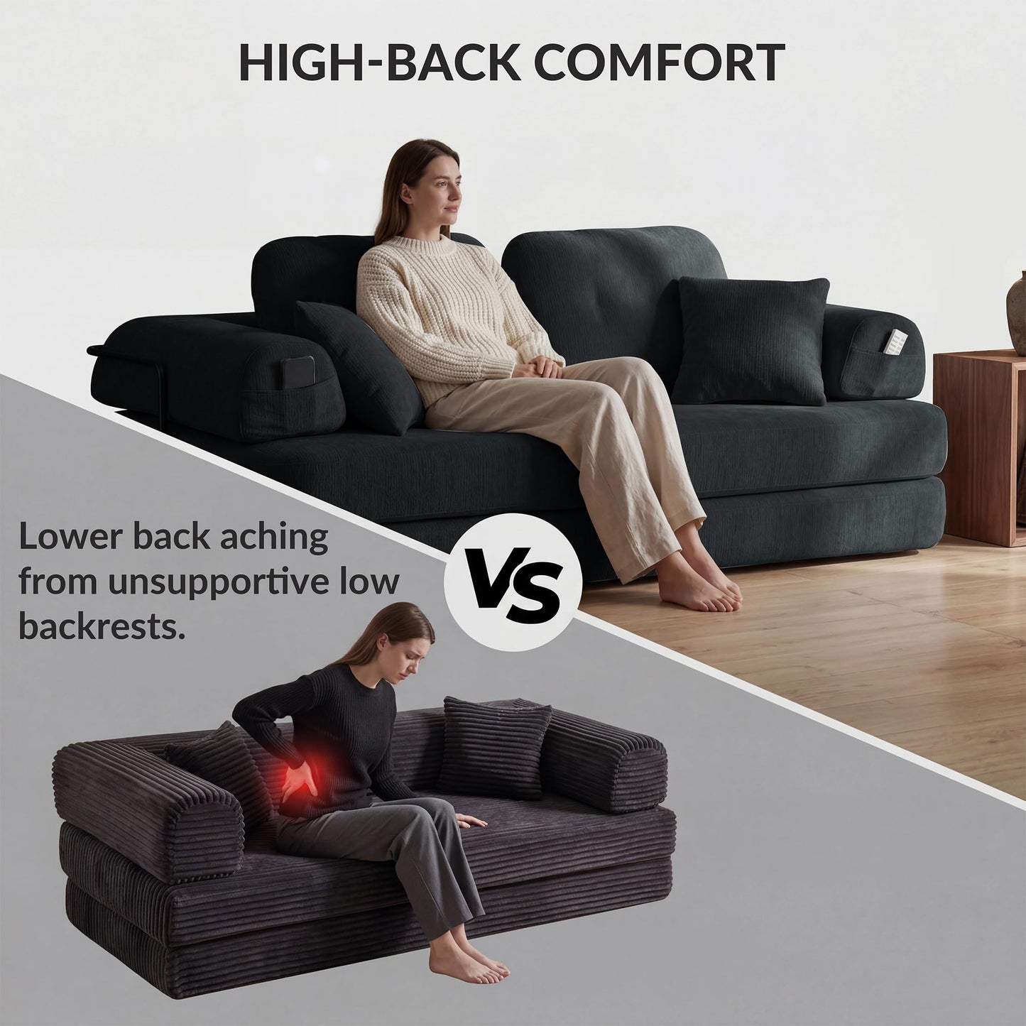 YasuSoofa Boneless Floor Sofa, 3-in-1 Convertible Loveseat Sleeper Futon, Modular Small Space Sofa Bed with High Headrests & Side Storage Pockets for Living Room, No Assembly, Bedroom, Apartment