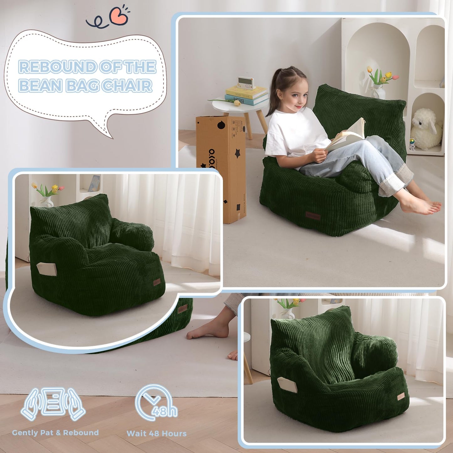 MAXYOYO Kids Bean Bag Chair, Stuffed Toddler Bean Bag Sofa with Filler Cozy for Boys and Girls, Lazy Sofa with Pocket Floor Chair for Gaming, Reading, Dark Green