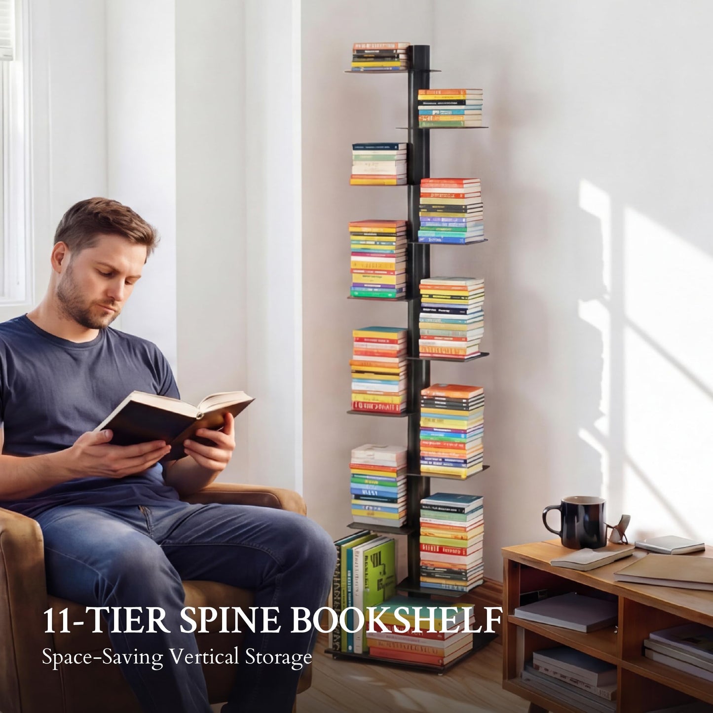 Suchtale 11-Tier Spine Bookshelf Tower,Tall Vertical Book Organizer,Metal Floor Standing Bookshelf for Small Spaces,Narrow Bookcase for Living Room,Bedroom & Office,Adjustable Shelf Directions,Black