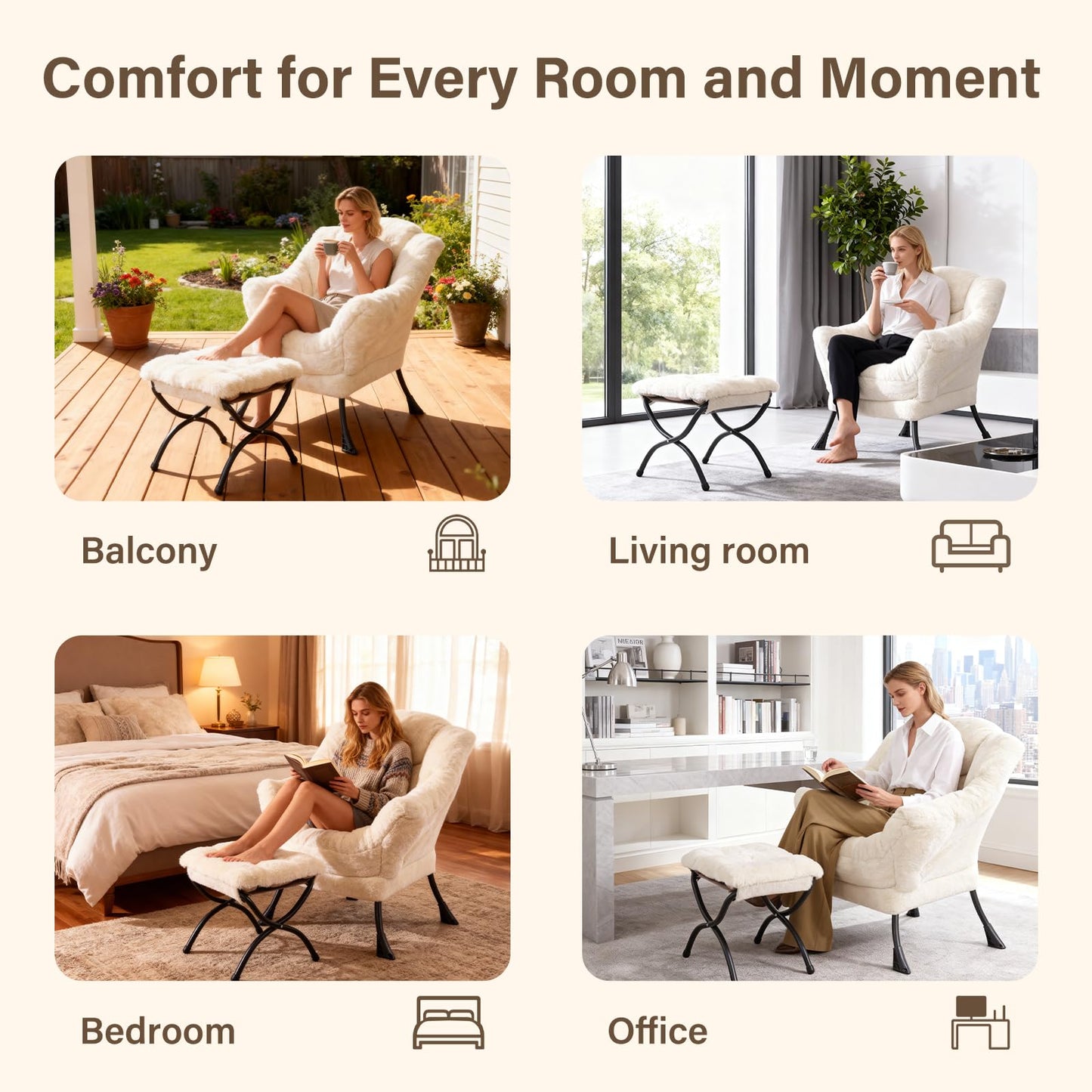 SESHINELL Lazy Chair with Ottoman, Modern Accent Chair Sofa Chair with Armrests, Reading Chair and Folding Footstool for Living Room, Bedroom, Office, Plush Beige