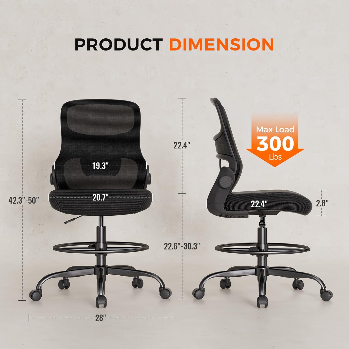 Drafting Chair Armless, Tall Office Chair with Adjustable Foot Ring and Lumbar Support, Ergonomic Mesh High Desk Chair for Standing Desk, Black