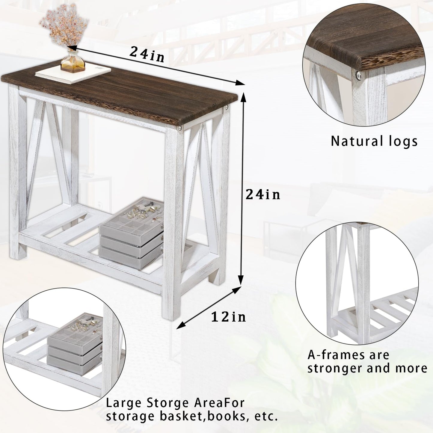 FEUFOAM Farmhouse End Table Narrow Side Table Living Room Slim End Tables with Storage Shelf 2 Tier Nightstand for Bedroom Hallway Dormitory, Rustic Brown and White
