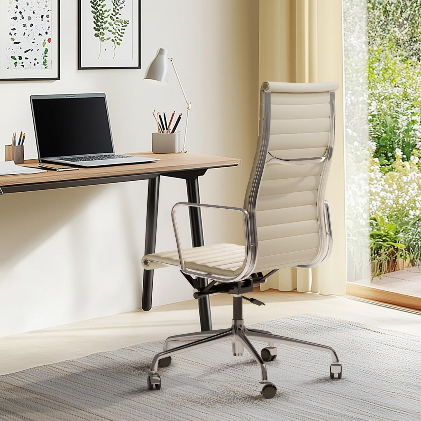 Ribbed Office Chair with Top Grain Leather - High Back Ergonomic Desk Chair with Aluminum Arms & Frame, Swivel Wheels & Tilt Function, Adjustable Height