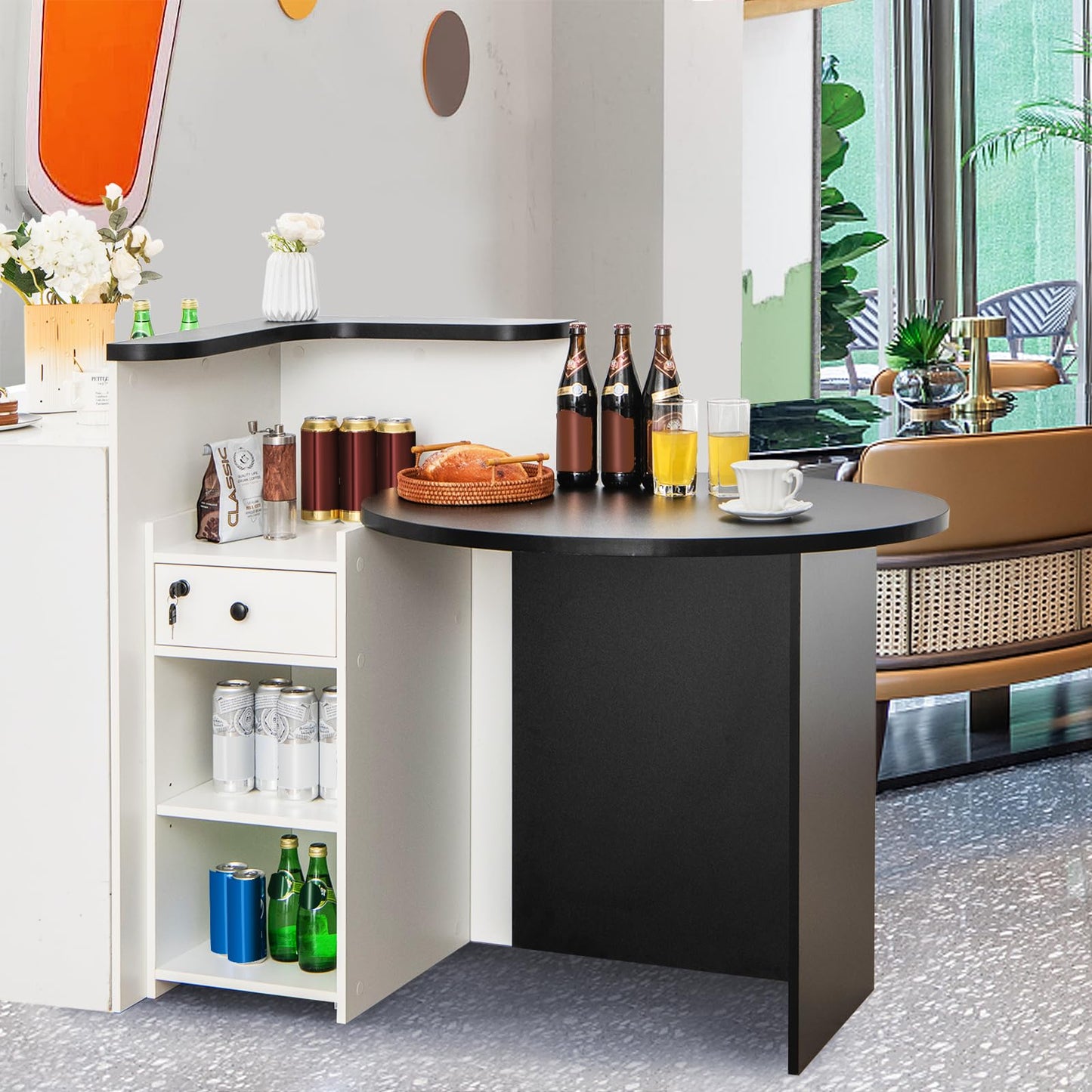 CHEFJOY Reception Desk, Retail Checkout Counter w/Lockable Drawer & Open Shelves, Computer Workstation, Small Front Desk Reception Counter for Company Lobby Store Salon Office (Black & White)