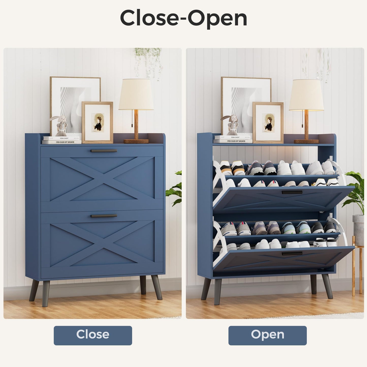 Homleke 32" W Farmhouse Shoe Storage Cabinet with 2 Flip Drawers and Barn Door Design, Adjustable Shelves, Modern Hidden Slim Narrow Shoe Rack Cabinet for Entryway, Foyer, Hallway, Living Room, Blue