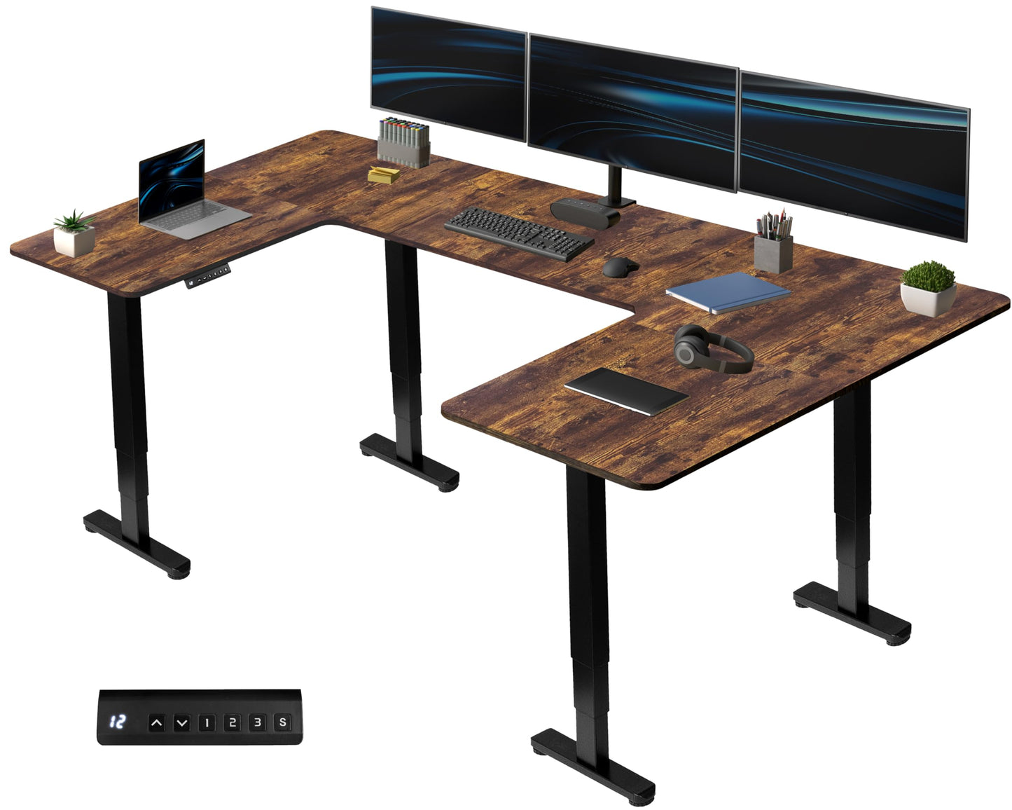 VIVO Large U-Shaped 83 x 60 in Electric Standing Desk, Memory Height Adjustment, Rustic Vintage Brown Top Black Frame, DESK-E4UBN