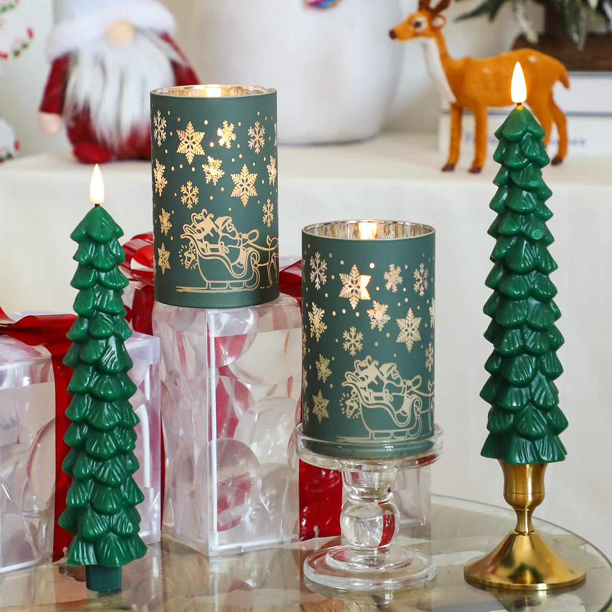 Lezonic Christmas Flameless Candles with Remote, Green Christmas Tree Flickering Battery Operated Window Candlesticks, Glass Flameless Xmas New Year Decorations Gifts, Set of 4 Real Wax LED Candles