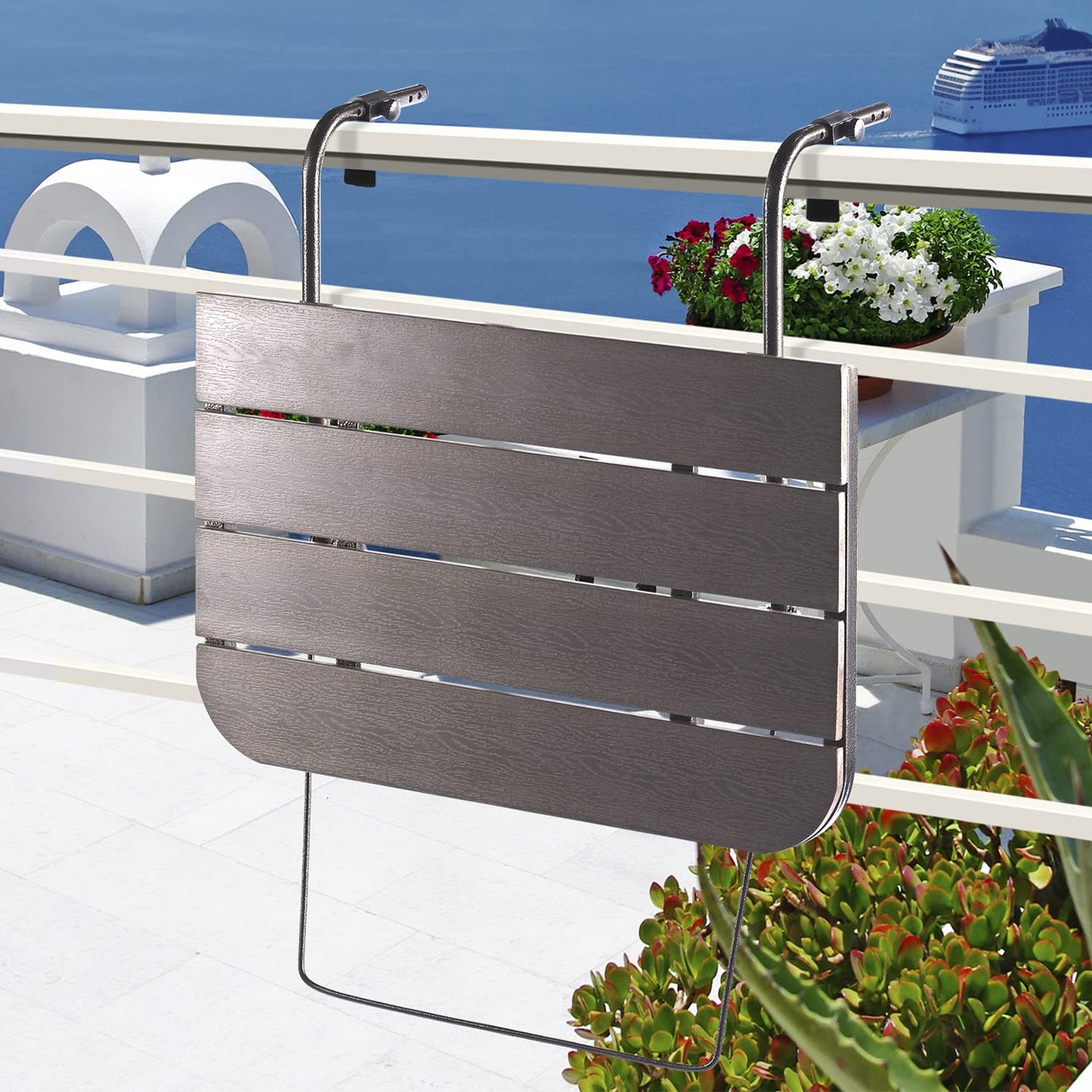 Patio Novagarden Balcony Railing Table Outdoor Hanging Folding Brown Aluminium Metal Side Table Adjustable 23.6"L x 15.7"W