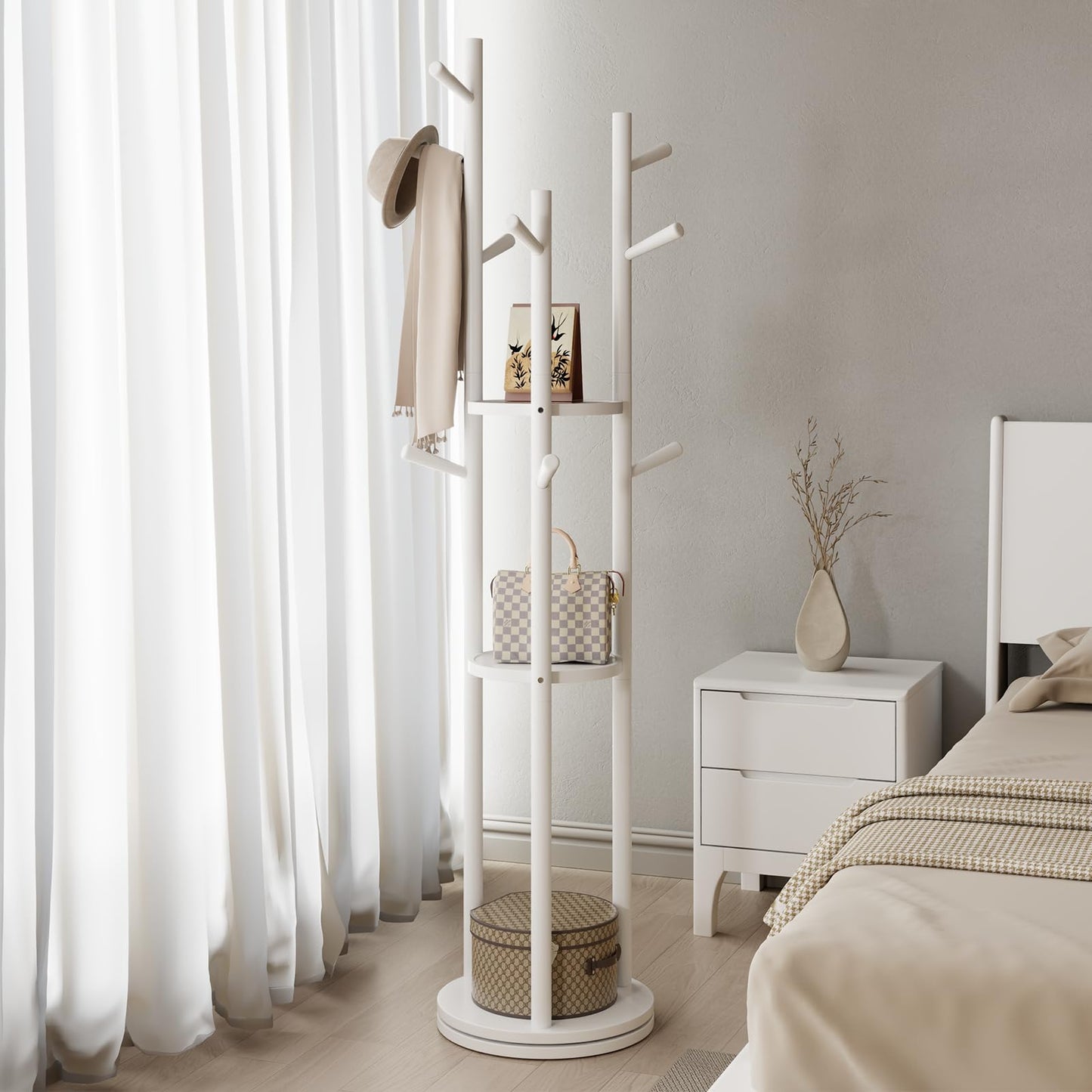 Muwuele Solid Wood Rotary Coat Rack, Freestanding Coat Rack with 3 Shelves and 9 Hooks, Coat tree for Bedroom, Entryway, Livingroom, Coat Hanger Stand for Coats, Scarves, Handbags (White)