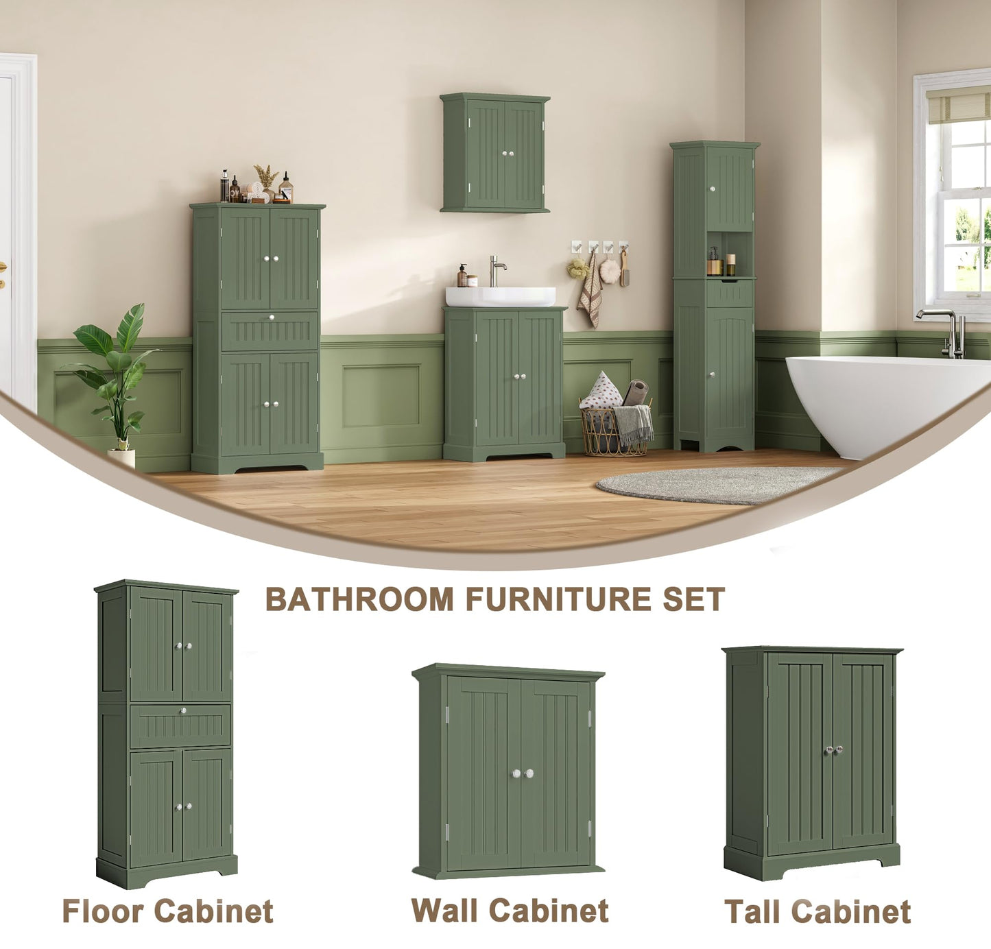 ChooChoo 51" H Tall Bathroom Floor Cabinet, Modern Bathroom Storage Cabinet with Drawer and Adjustable Shelves, Freestanding Kitchen Pantry Cupboard with 4 Doors for Living Room, Green