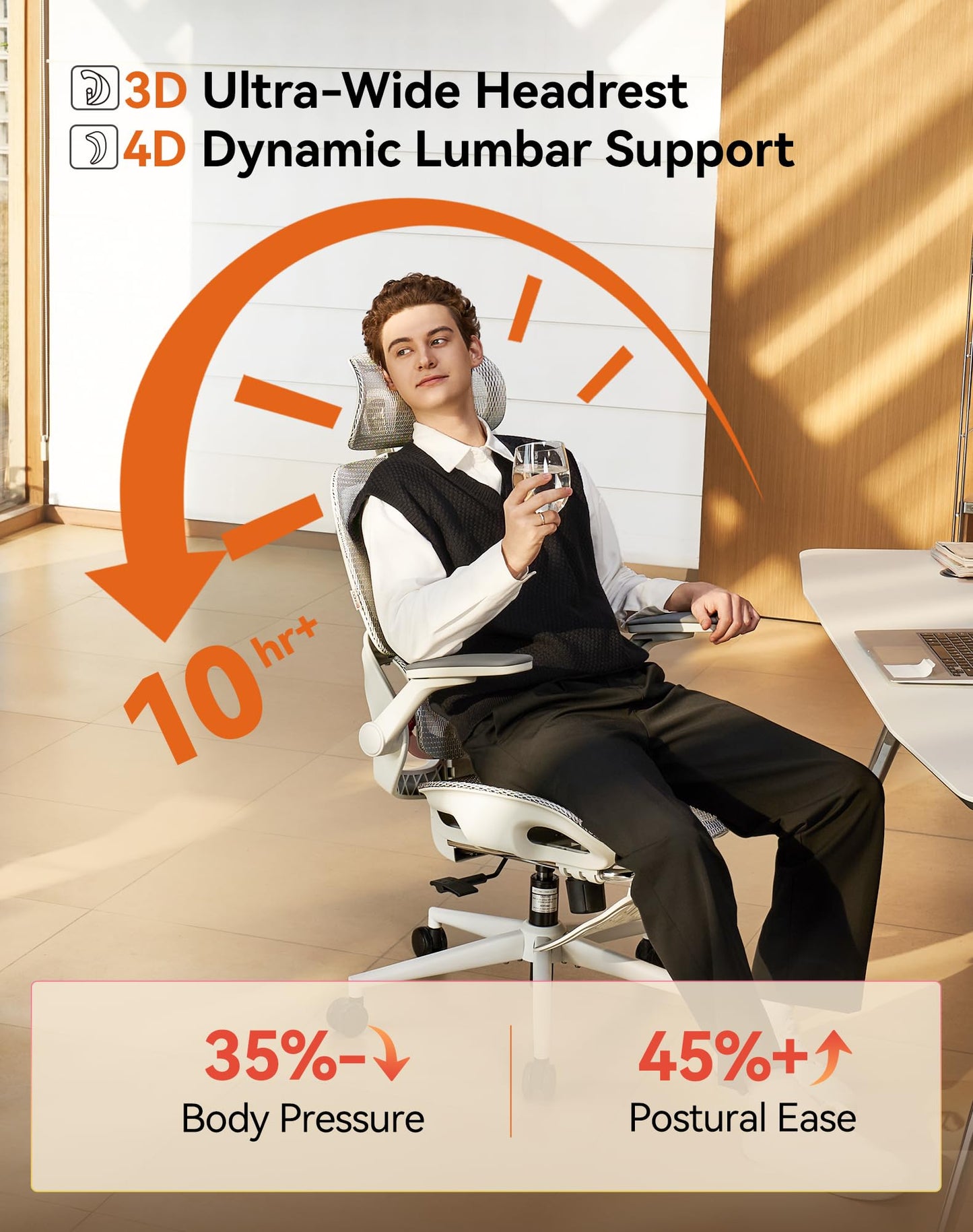 SIHOO B100 Pro Ergonomic Office Chair, Office Chair with Adaptive Lumbar Support, Computer Chair with Dual-Back, Desk Chair with 360° Rotatable & Flip-Up Armrests, 3D Wide Headrest, Light Grey