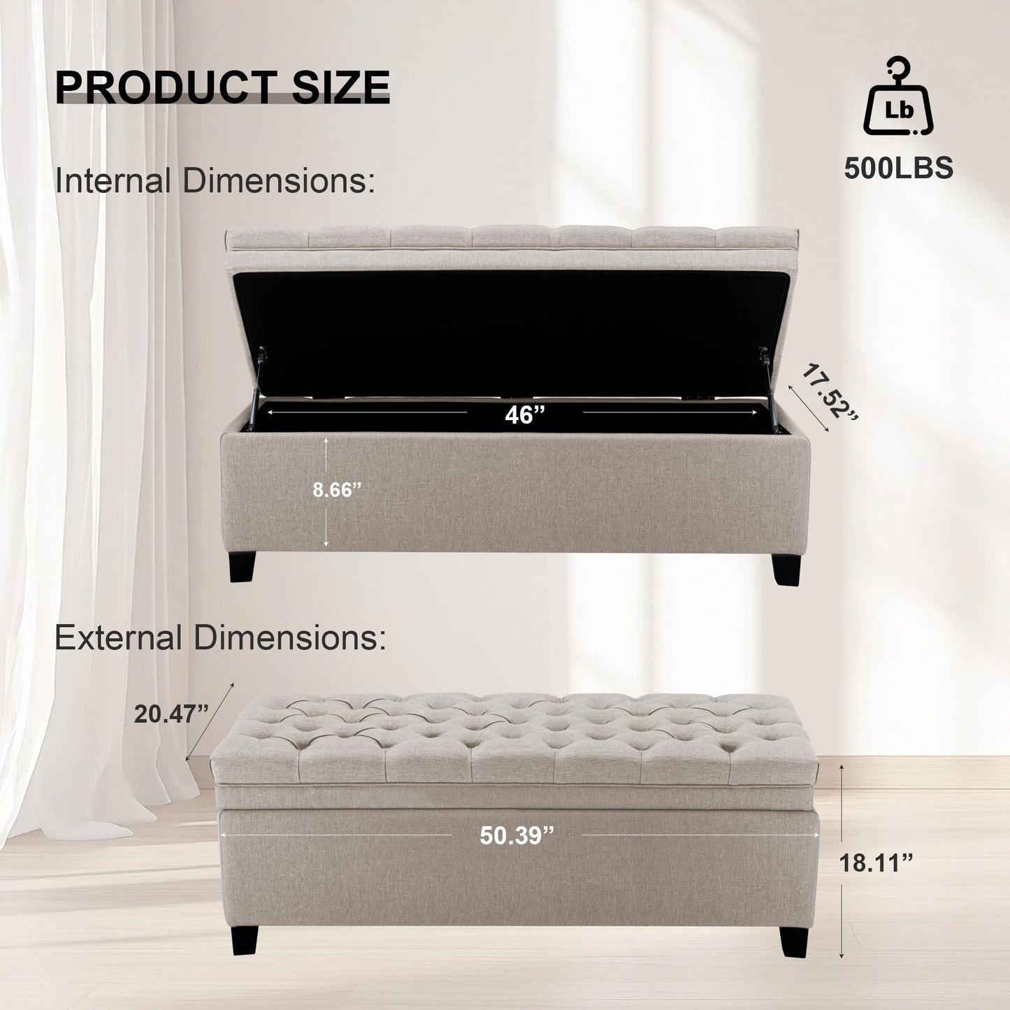 UDAX 51" Storage Ottoman for Bedroom & Living Room, End of Bed Bench with Black Wooden Legs, Linen Upholstered Tufted Ottoman, Entryway Storage Bench, Beige